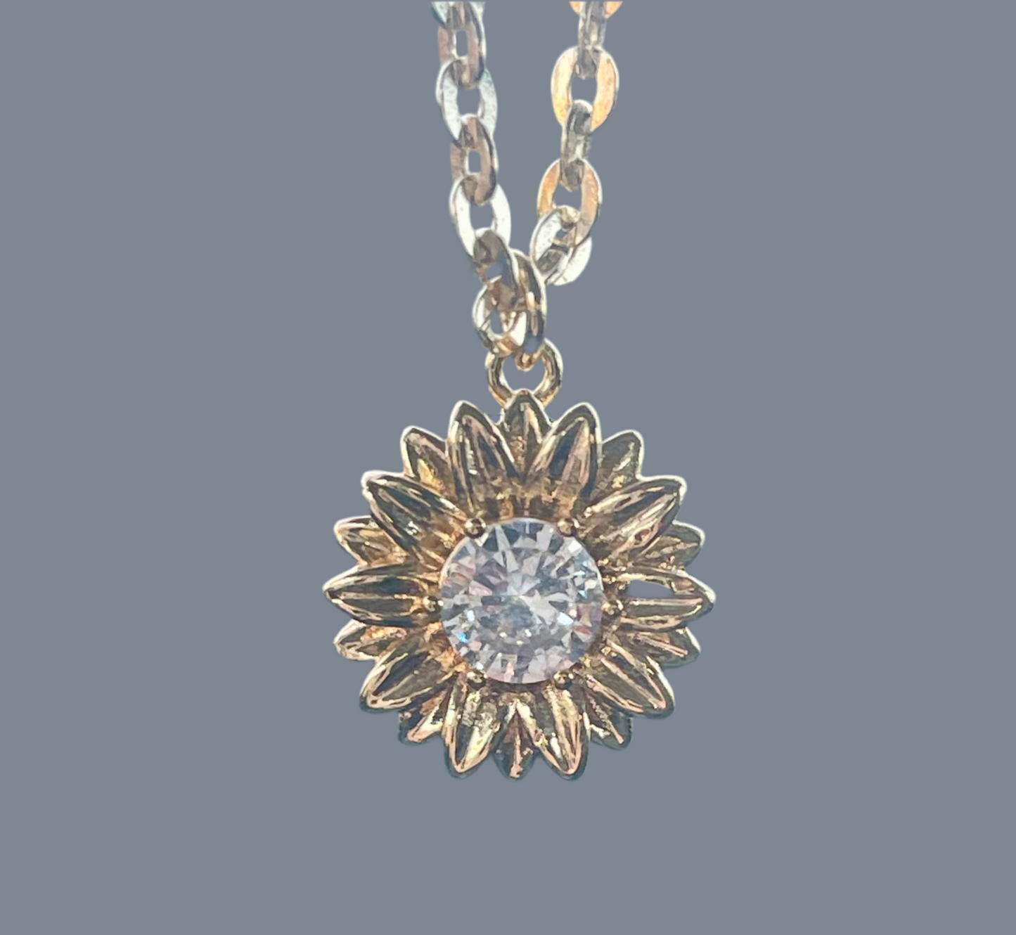 Golden Sunflower 🌻 Necklace: 14k Gold Filled Chain, CZ Center Charm & Clasp