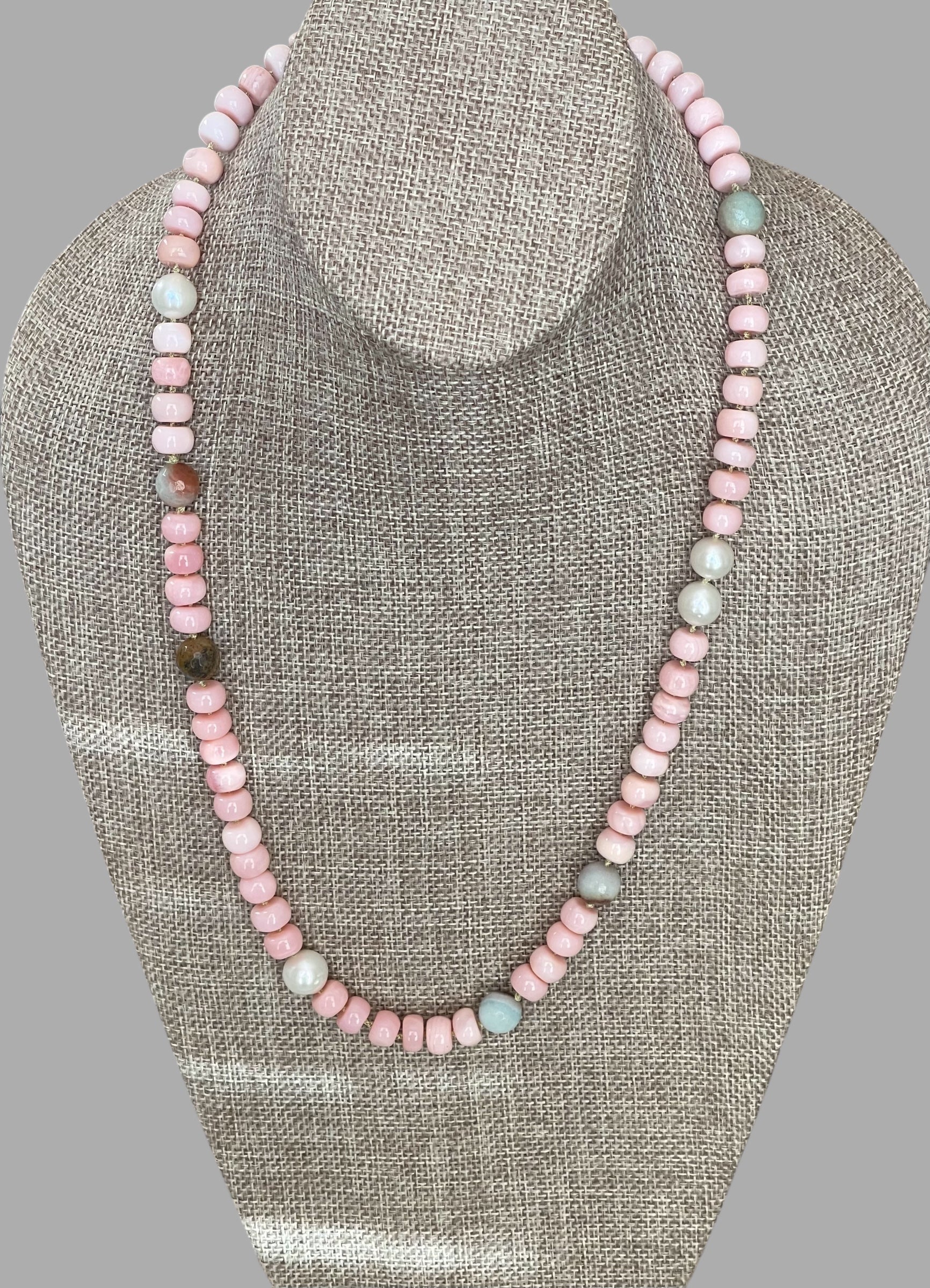 The Audrey Necklace: Natural pink opals hand knotted on pale green silk w Pearls and Amazonite