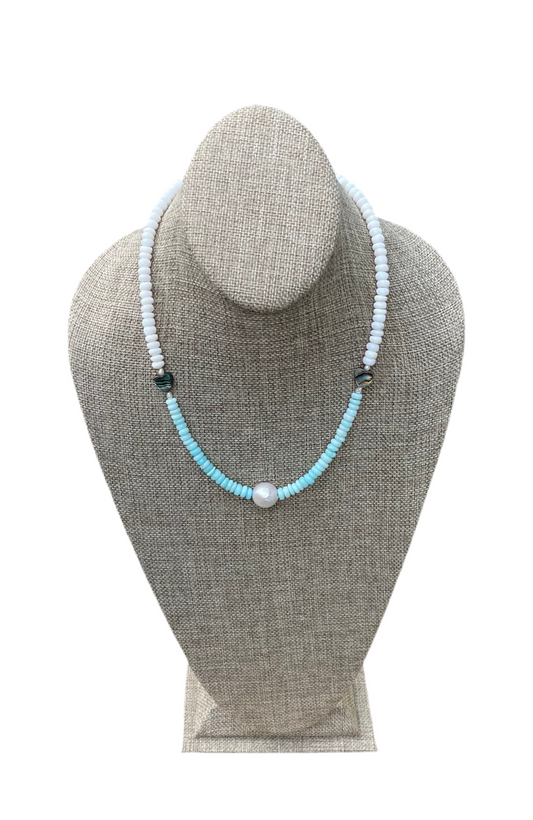 Abalone Hearts Necklace:Peruvian blue &white Opals Abalone shell 🩵 Baroque Pearl OOAK