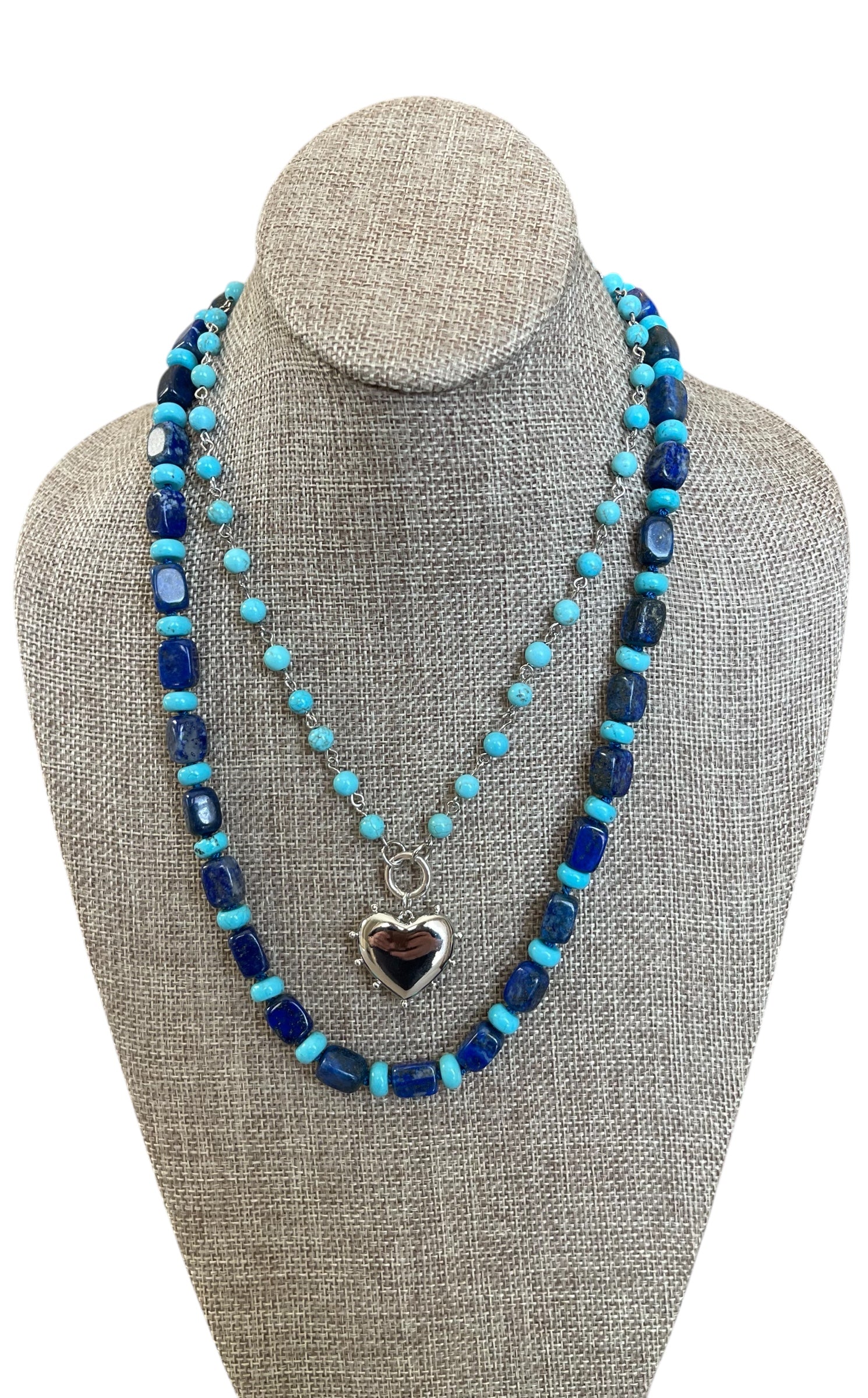 The Catherine Necklace: Gorgeous Lapis Lazuli barrel shaped beads hand knotted on silk w Turquoise accent beads Silver clasp