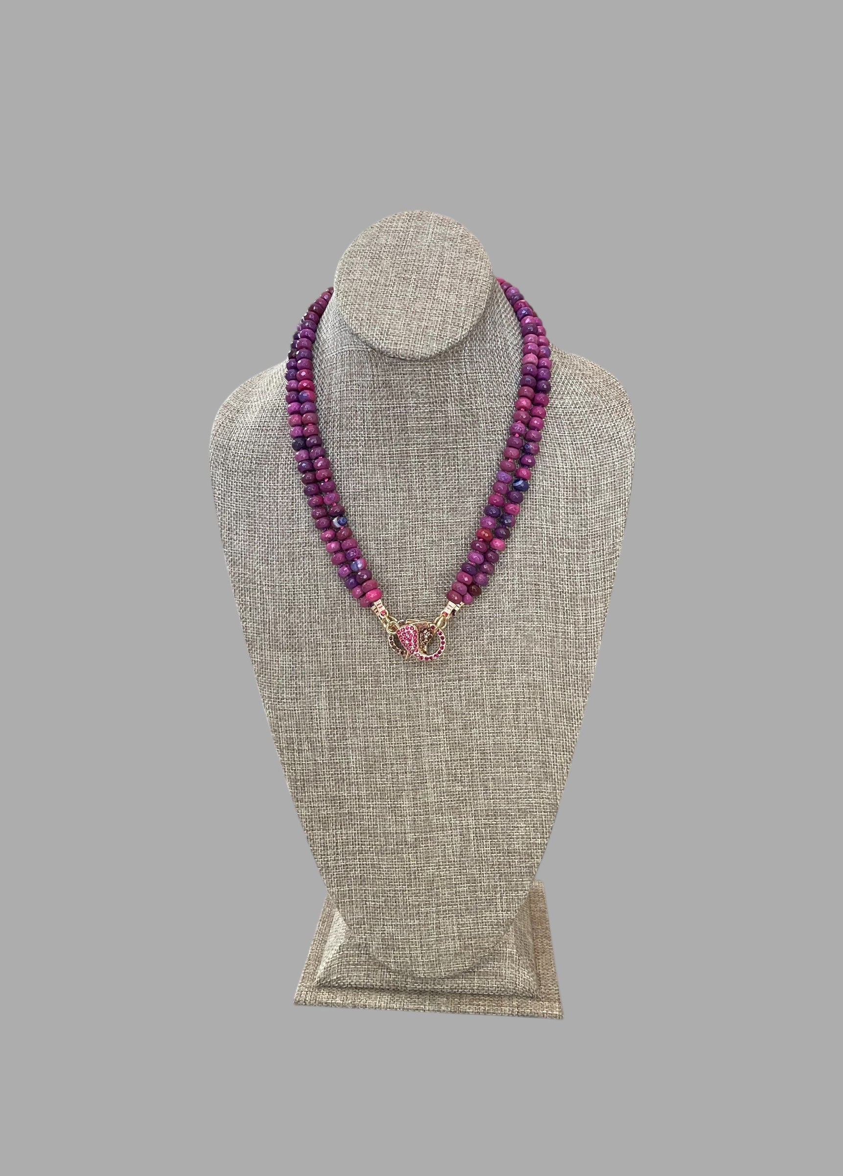 Cascadia Bloom Necklace: 2 Options- Dyed Agate faceted beads Hand knotted on silk, one w/ hot pink silk and hot pink pavé clasp and the other on purple silk w/ purple pavé clasp