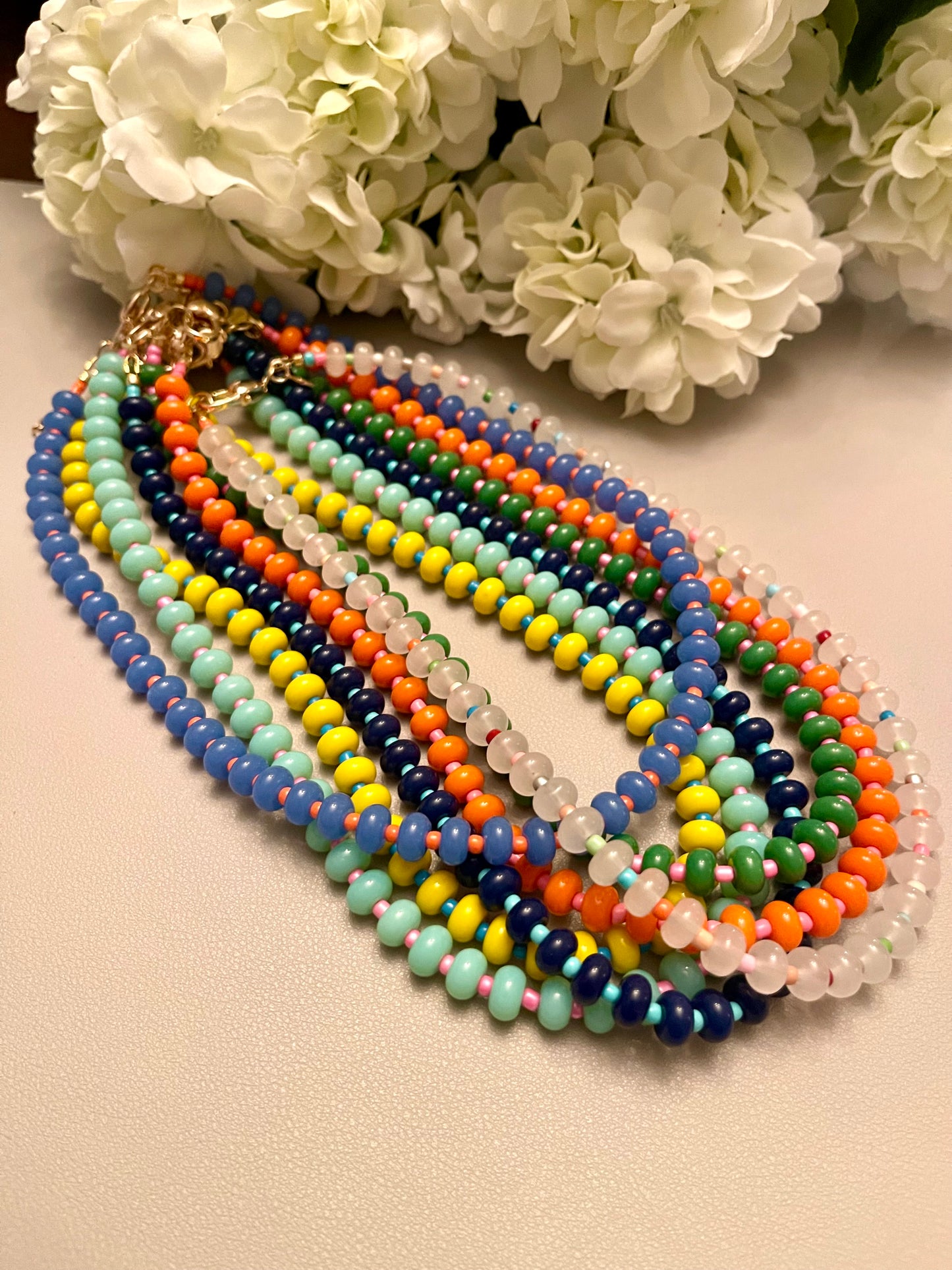 The Poppy Necklace: All glass colorful beads with a gold filled clasp and extender chain