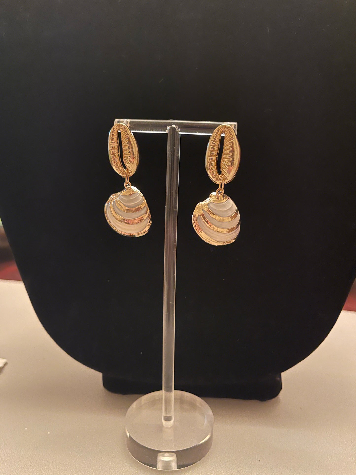 Cowrie & Conch Shell Earrings: Gold Plated with Gold Paint Stripe on Natural Shell