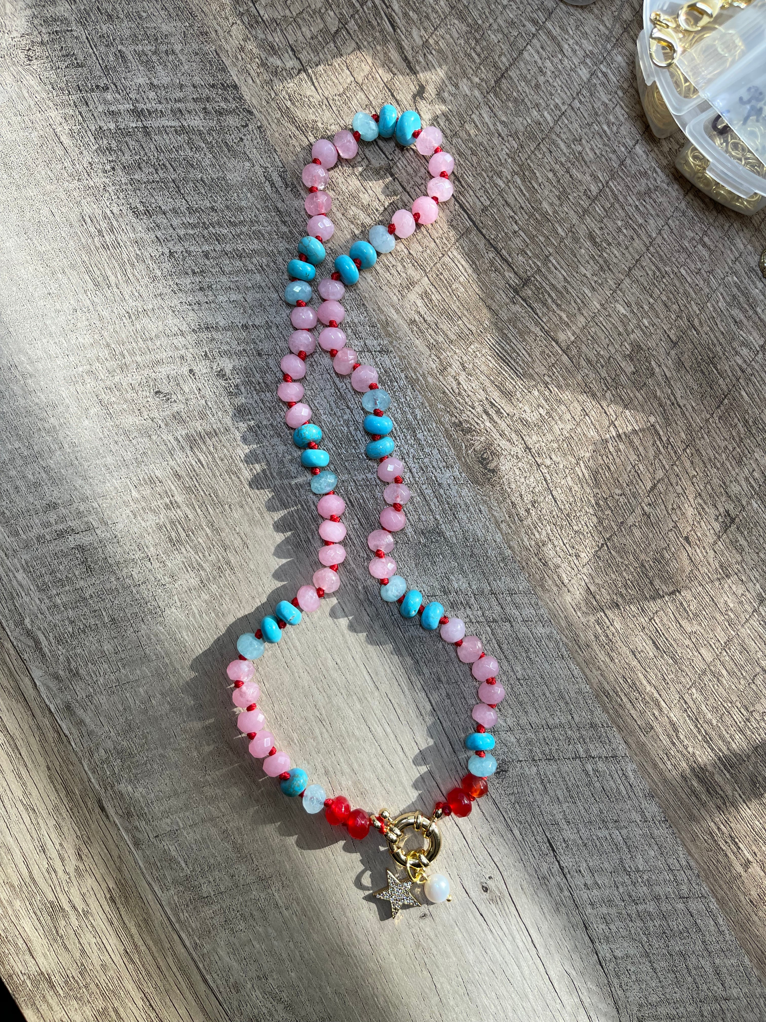 Ms. America: Hand-knotted Natural Stones on red silk w Charms 🇺🇸