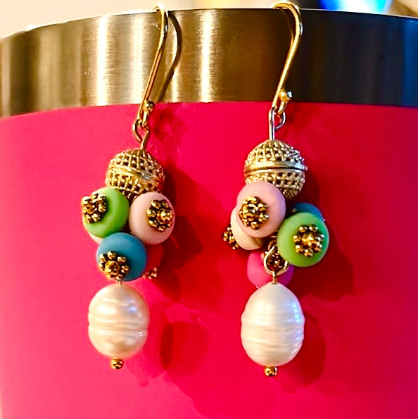 Paradise Island Gold Bead Earrings: Hypoallergenic hook post, polymer clay charms, gold textured bead, freshwater Pearl drop