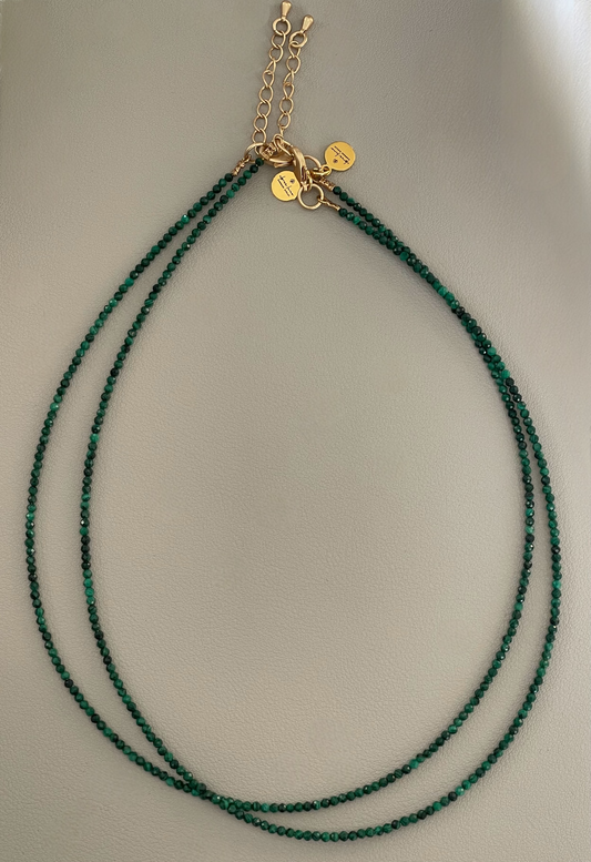 Malachite Skinnie Necklace: Genuine faceted Malachite 2mm beads Brushed gold clasp