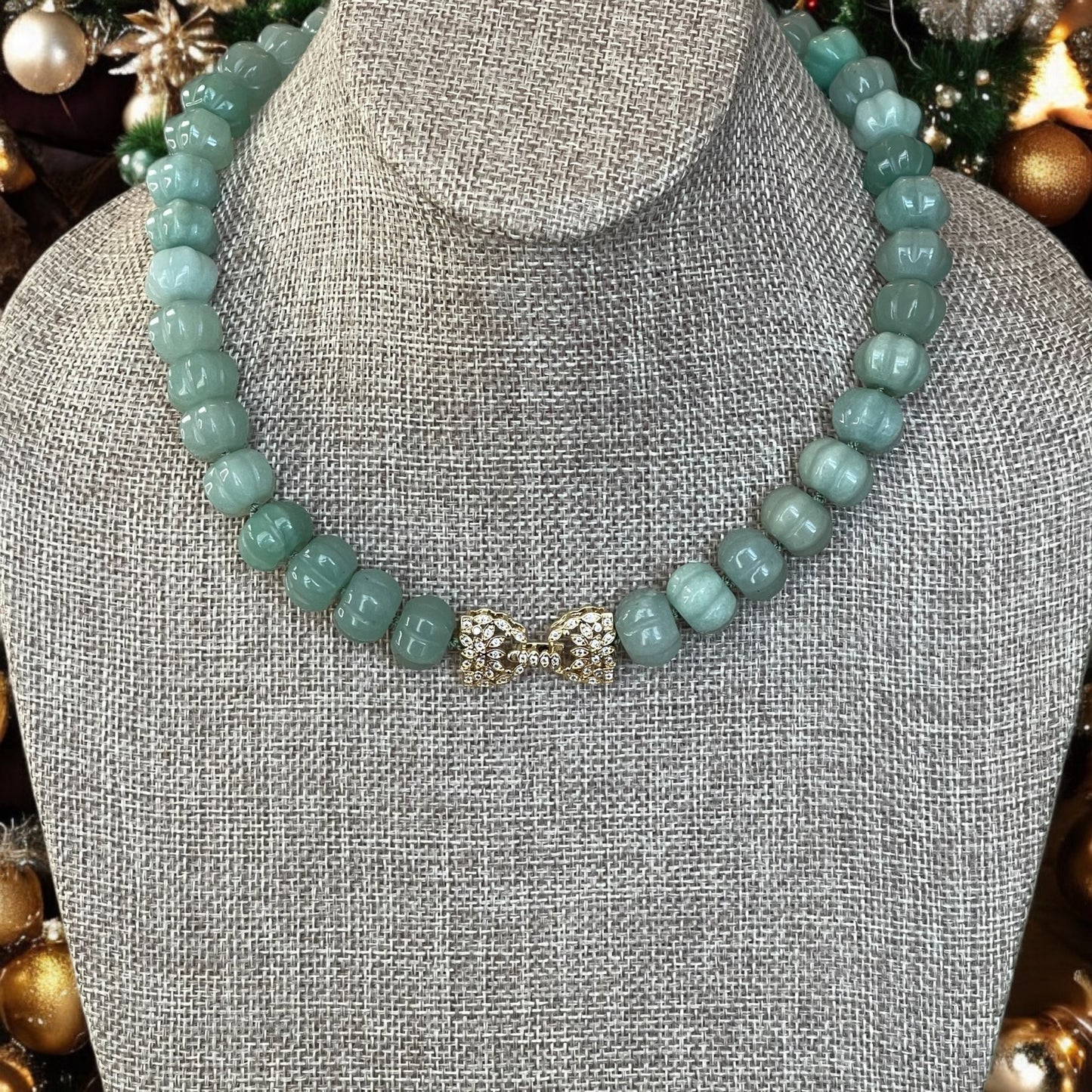 Sage Serenade Necklace OOAK: Sage green hand carved gemstones Hand-knotted on silk