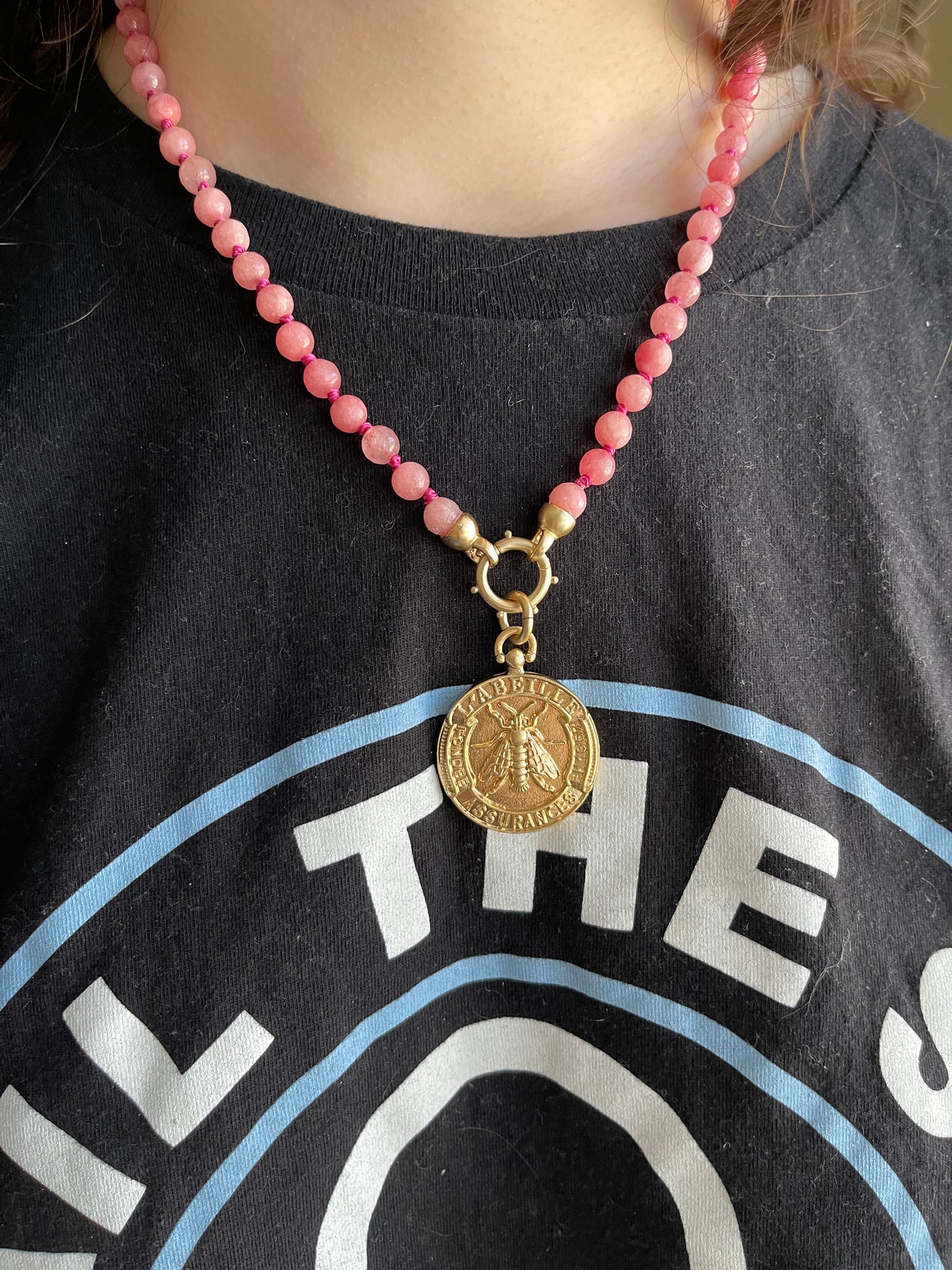 Janet Ann Necklace: Hand-knotted Dark Peach Agate beads w Gold French Replica Bee Coin Pendant