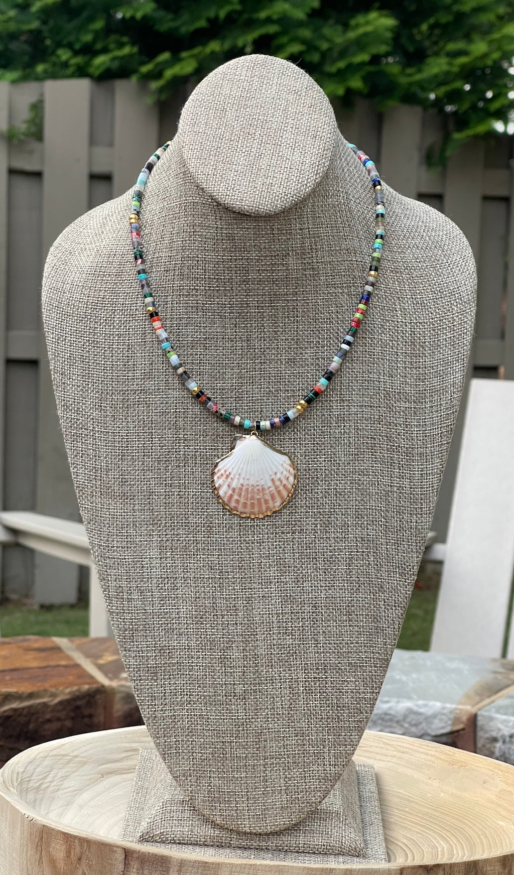 Multi Gem Seashell Necklace: Large variety of natural gemstone beads gold accents Natural seashell pendant