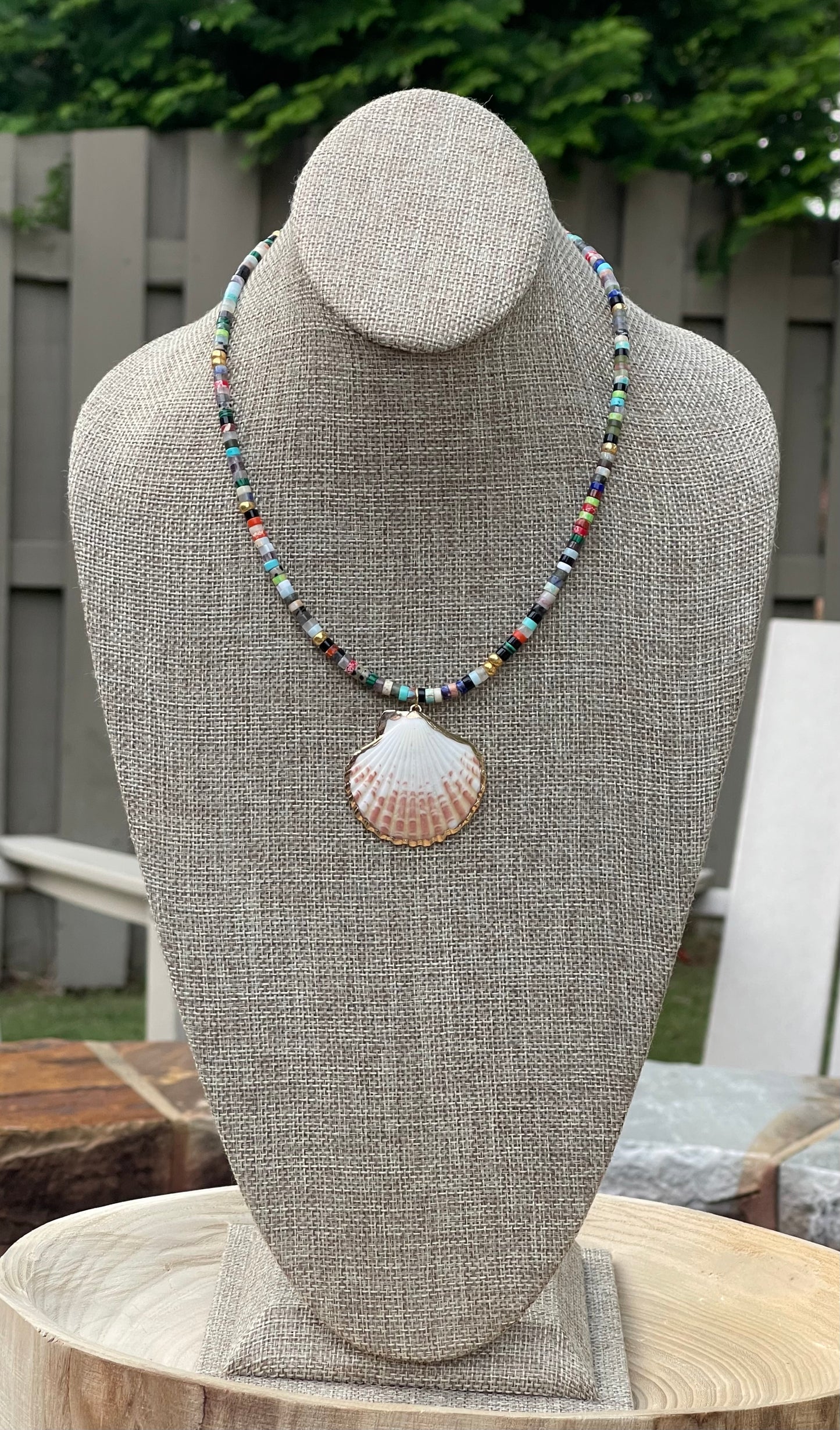 Multi Gem Seashell Necklace: Large variety of natural gemstone beads gold accents Natural seashell pendant