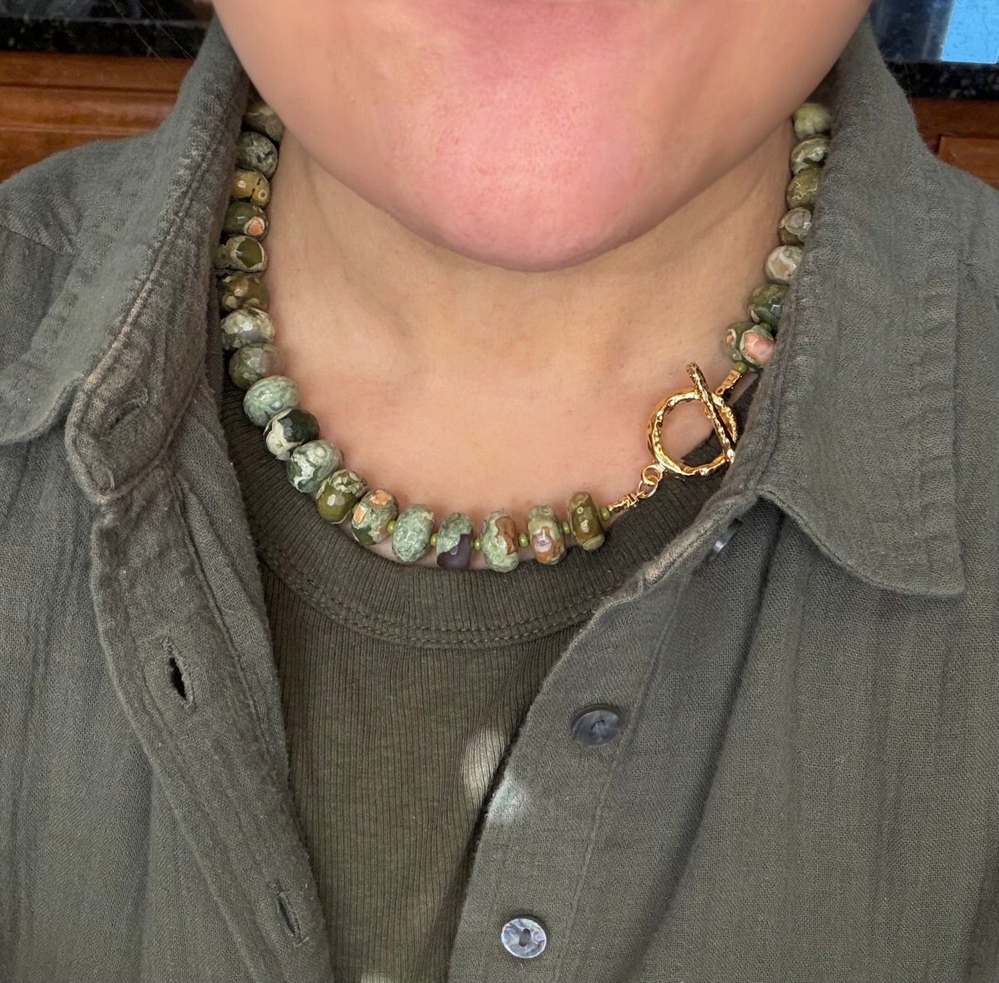 Queensland Rhyolite aka Australian Rainforest Jasper Necklace: Stunning Gemstone beads•Textured gold toggle clasp