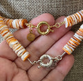 Baja Surf Necklace: Spiny Oyster Shell w Tuquoise (Howlite) and a Baroque Pearl Gold or Silver Clasp