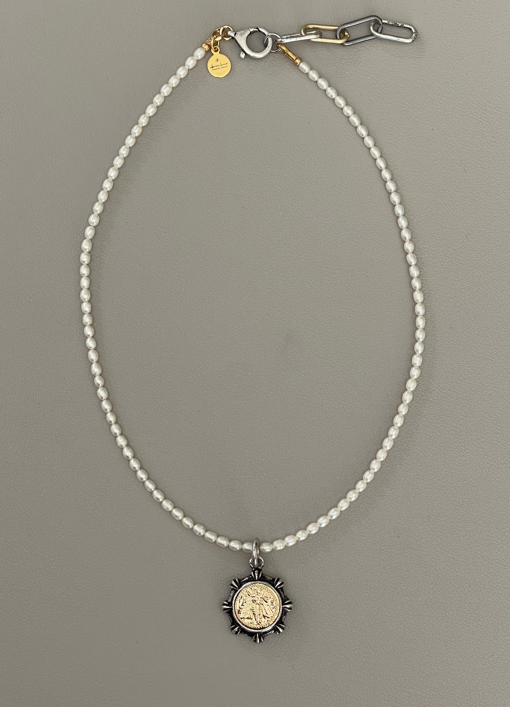 Bee Happy II Necklace: A Freshwater Pearl Necklace w a Silver/Gunmetal/Gold French Bee Coin Pendant