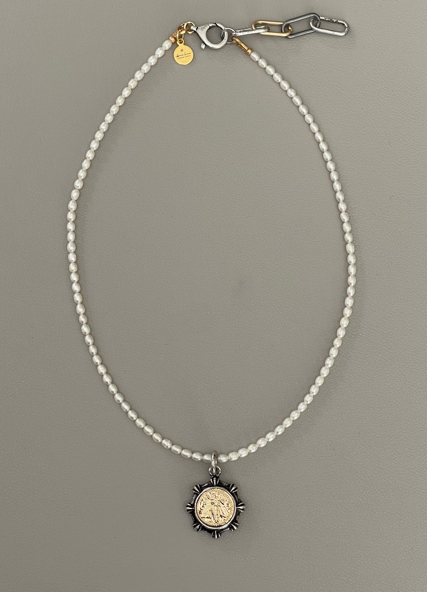 Bee Happy II Necklace: A Freshwater Pearl Necklace w a Silver/Gunmetal/Gold French Bee Coin Pendant