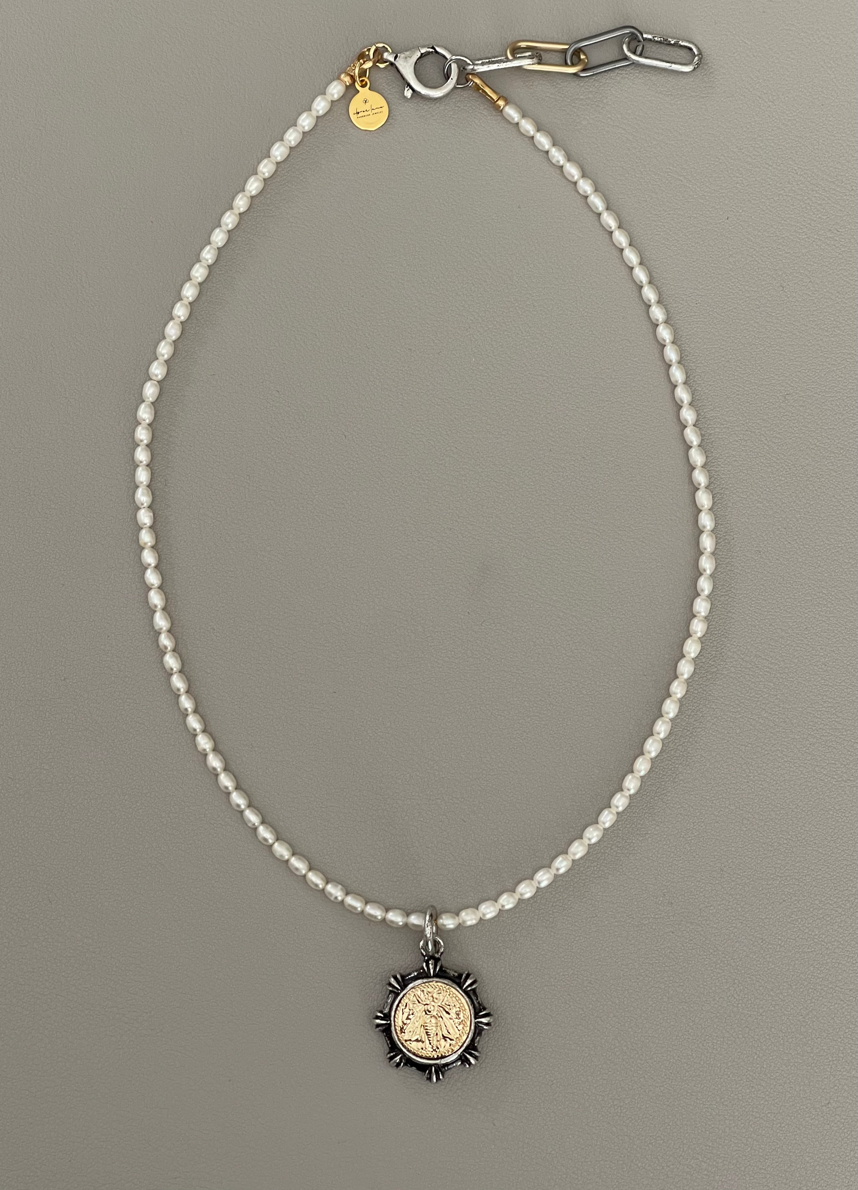 Bee Happy II Necklace: A Freshwater Pearl Necklace w a Silver/Gunmetal/Gold French Bee Coin Pendant
