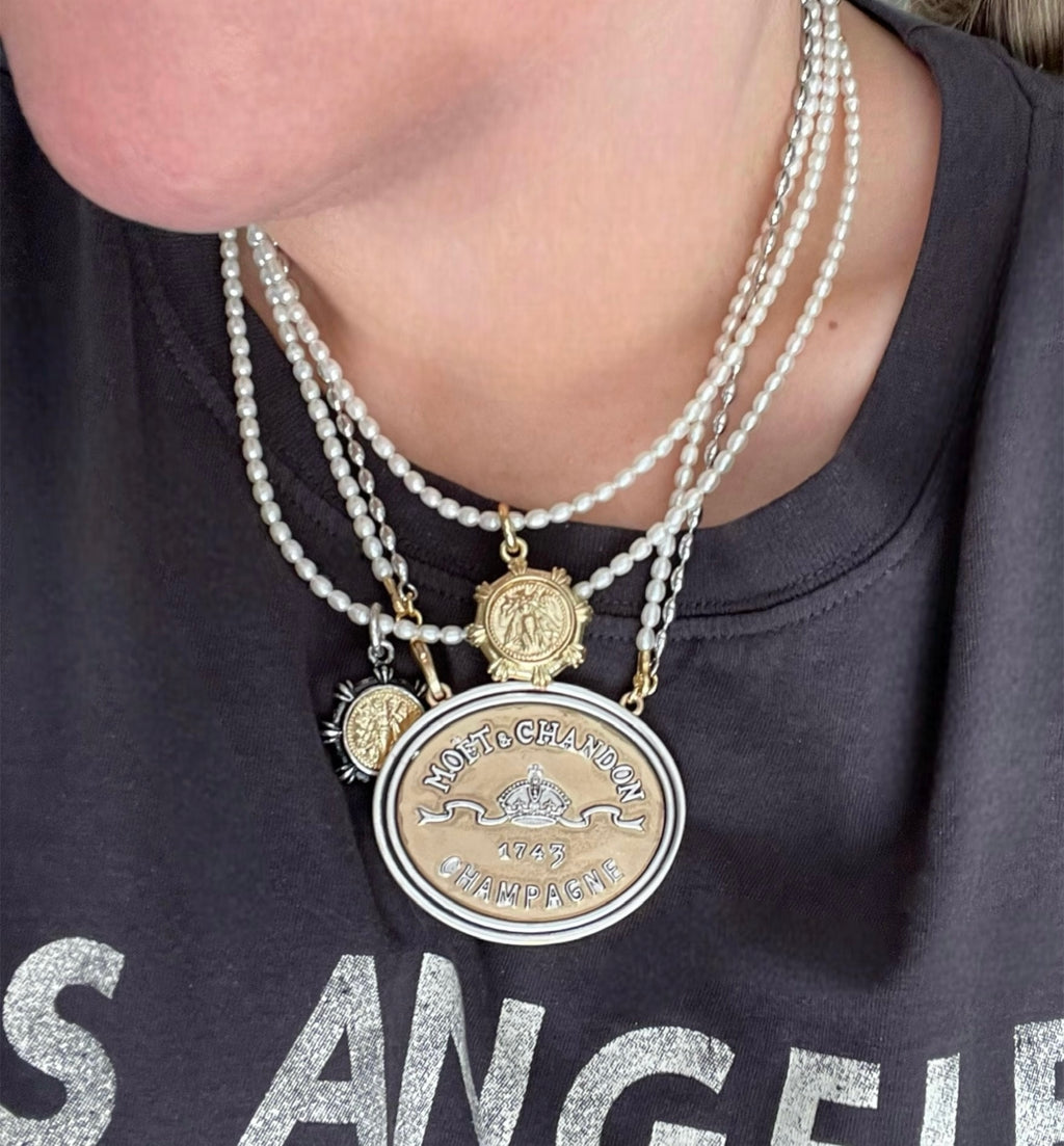 Vintage French Necklace: Freshwater Pearl and Silver Necklace w a Silver & Gold Medallion