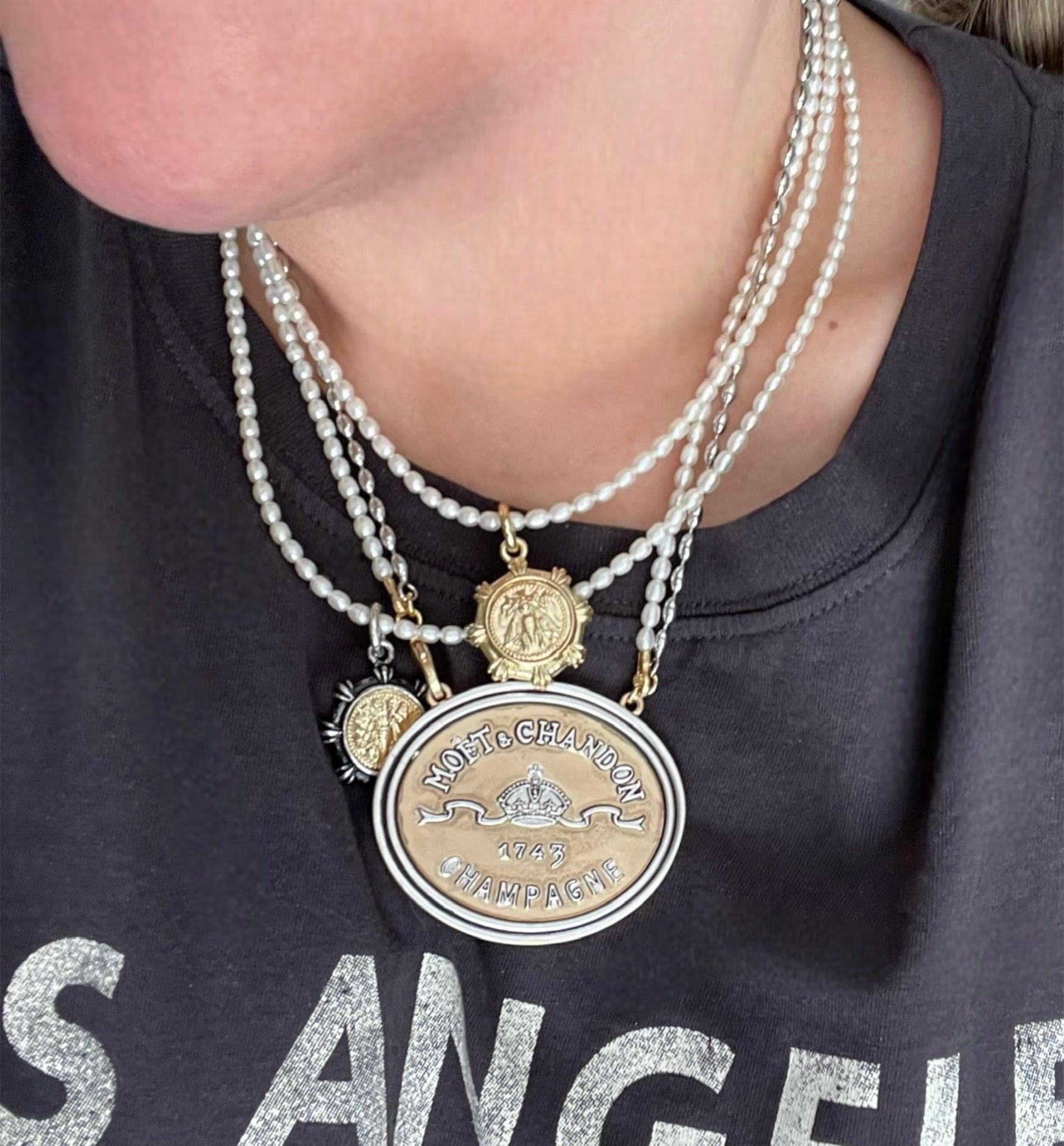 Vintage French Necklace: Freshwater Pearl and Silver Necklace w a Silver & Gold Medallion