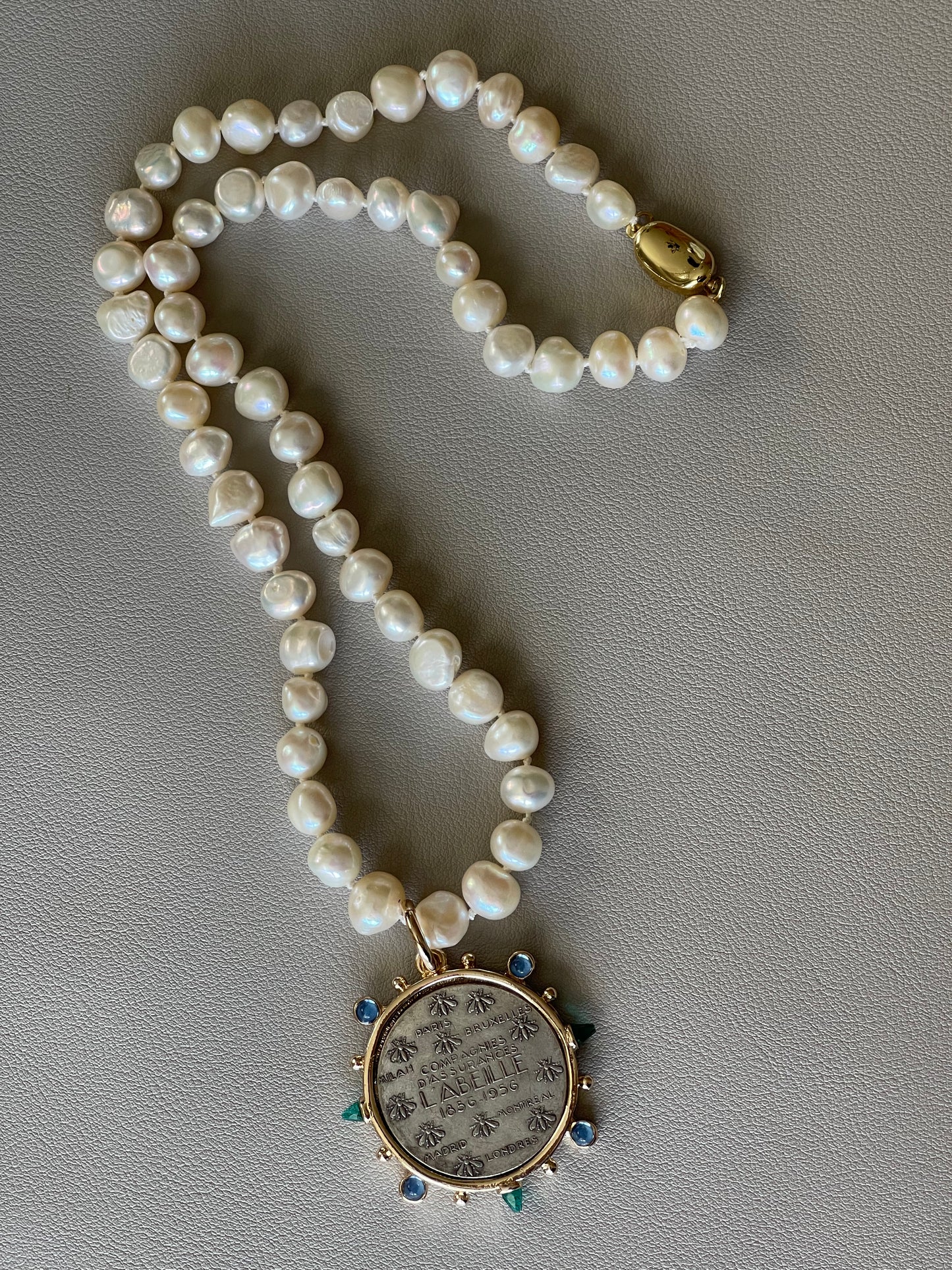 Oui Madame Necklace: Hand Knotted Freshwater Pearls Gold Bean Clasp French Coin Charm w Blue&Green Accents