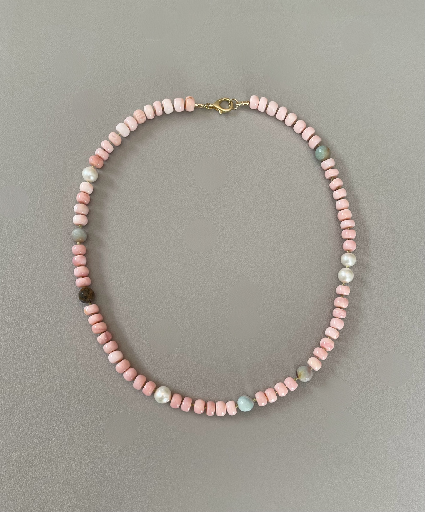 The Audrey Necklace: Natural pink opals hand knotted on pale green silk w Pearls and Amazonite