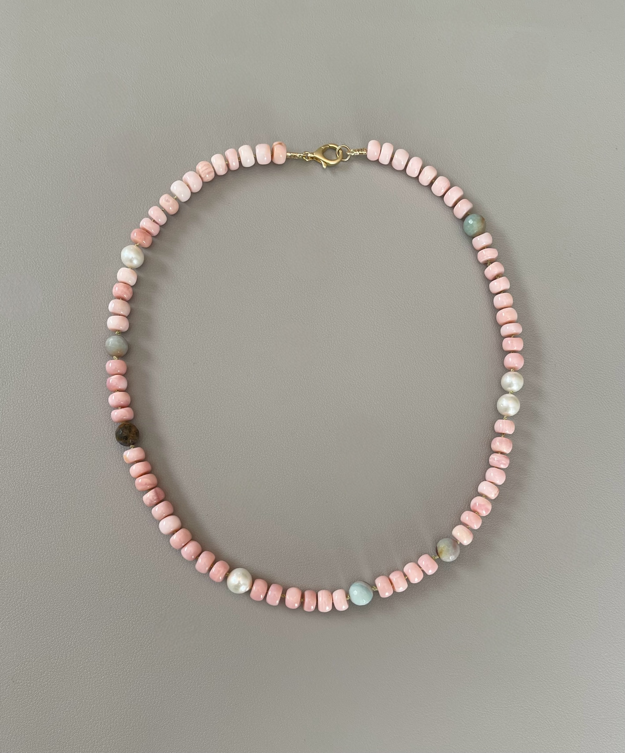 The Audrey Necklace: Natural pink opals hand knotted on pale green silk w Pearls and Amazonite