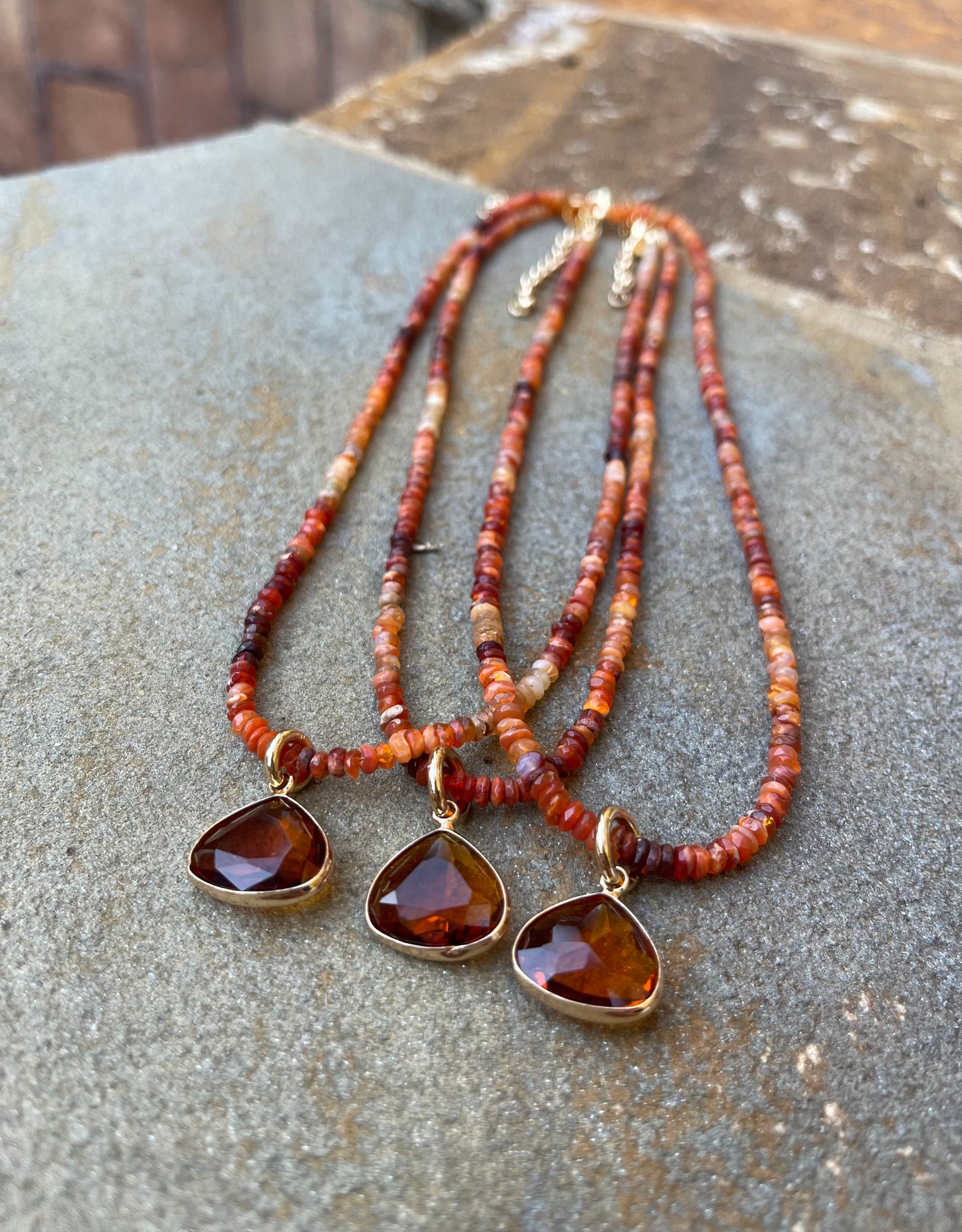 Ethiopian Fire Opal Necklace with Orange Crystal Charm & Gold Filled Clasp