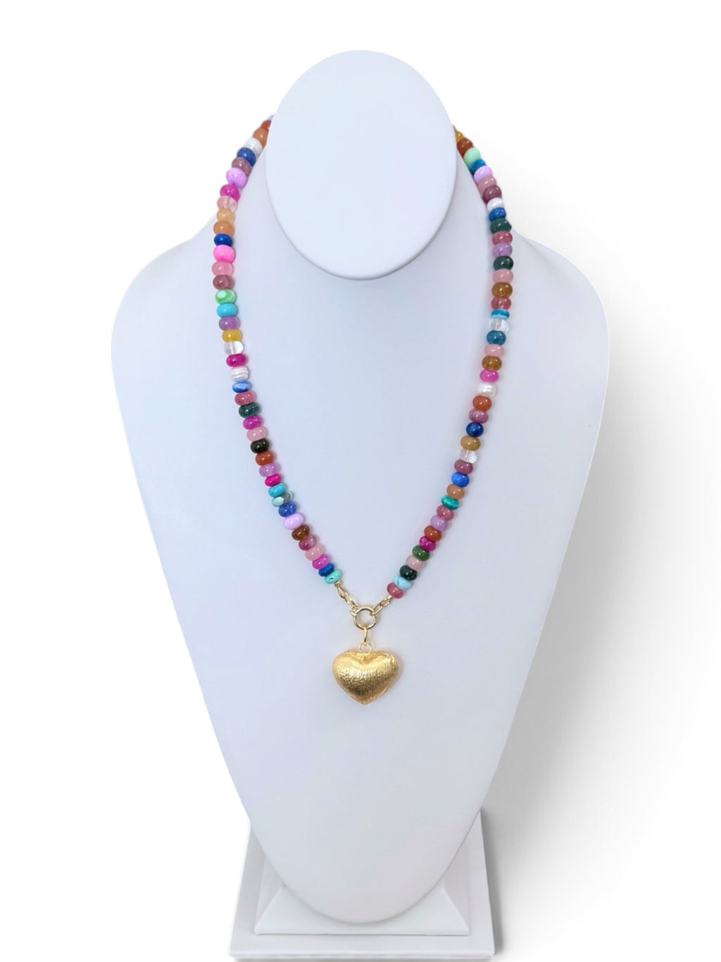 Colorful Claire Necklace: Mixed gemstones and a textured puffed heart pendant