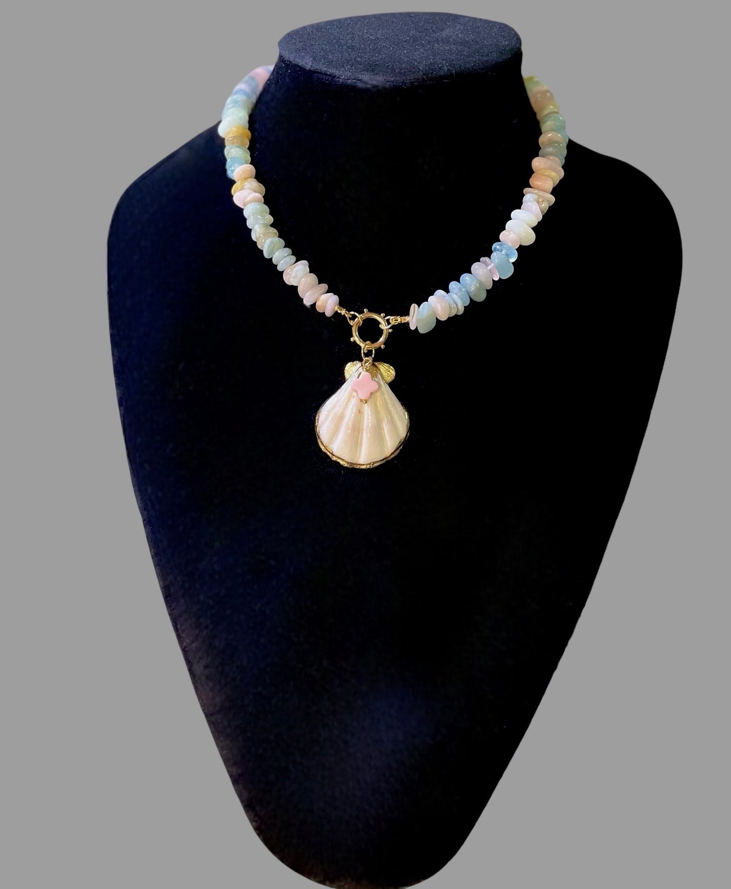 Pastel Charmer Necklace OOAK: Morganite Beryl beads Natural Seashell
