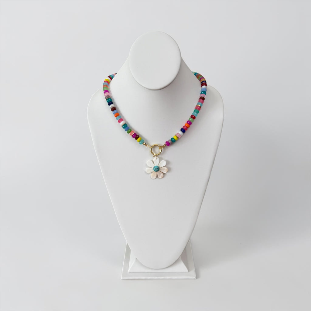 Happy Bloom Necklace: Mixed Gemstones & Glass beads Mother of Pearl Pendant