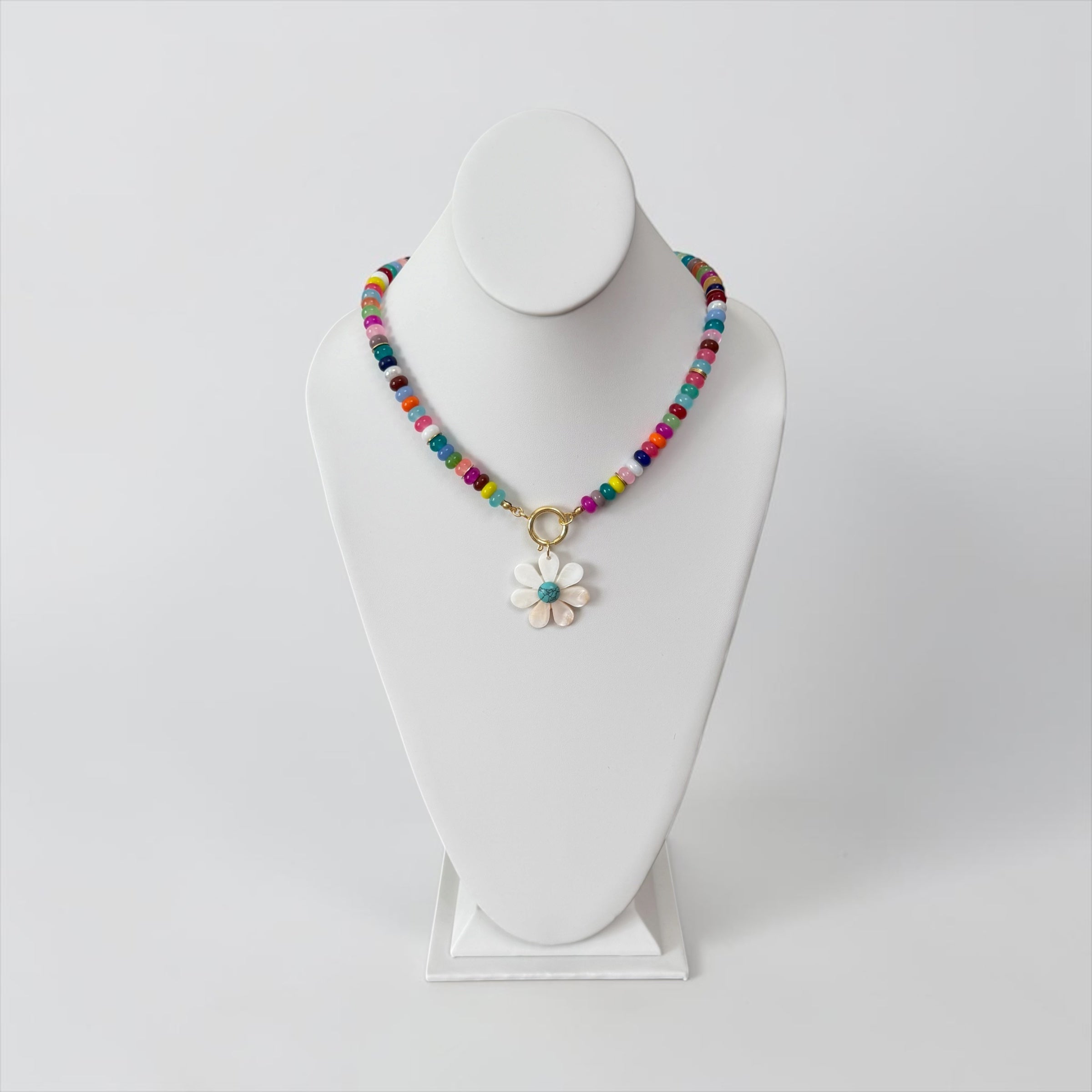 Happy Bloom Necklace: Mixed Gemstones & Glass beads Mother of Pearl Pendant