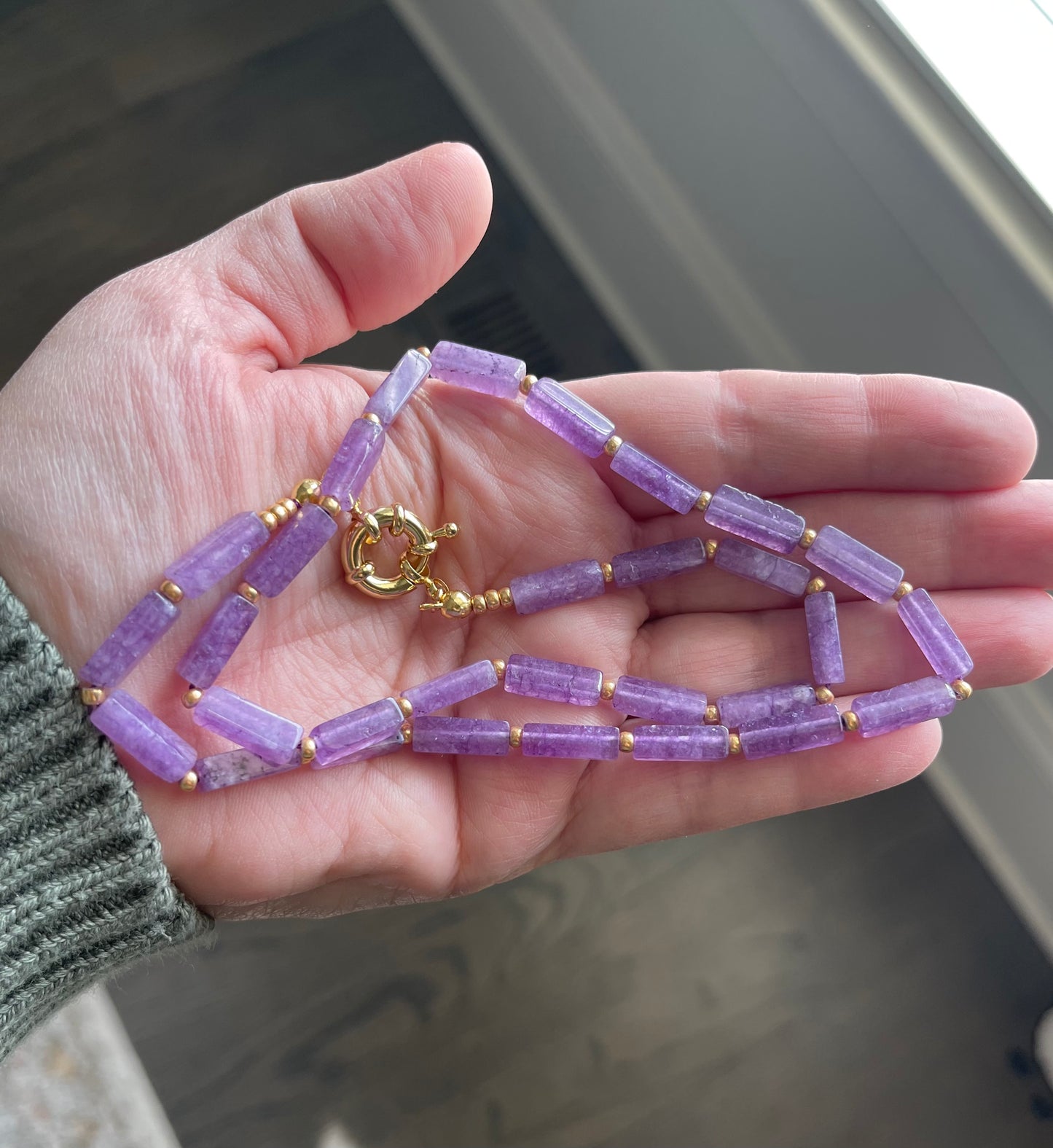 OOAK Amethyst Tube Shaped Beads with Gold Accents Necklace Strung on silk