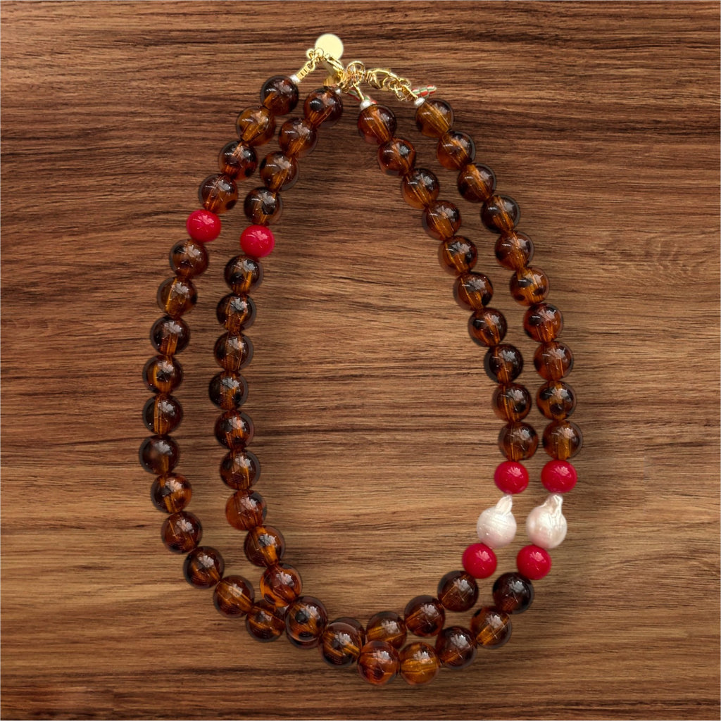 Tortoiseshell Holiday Collar: Resin beads with a natural Baroque Pearl and red glass beads Limited Edition