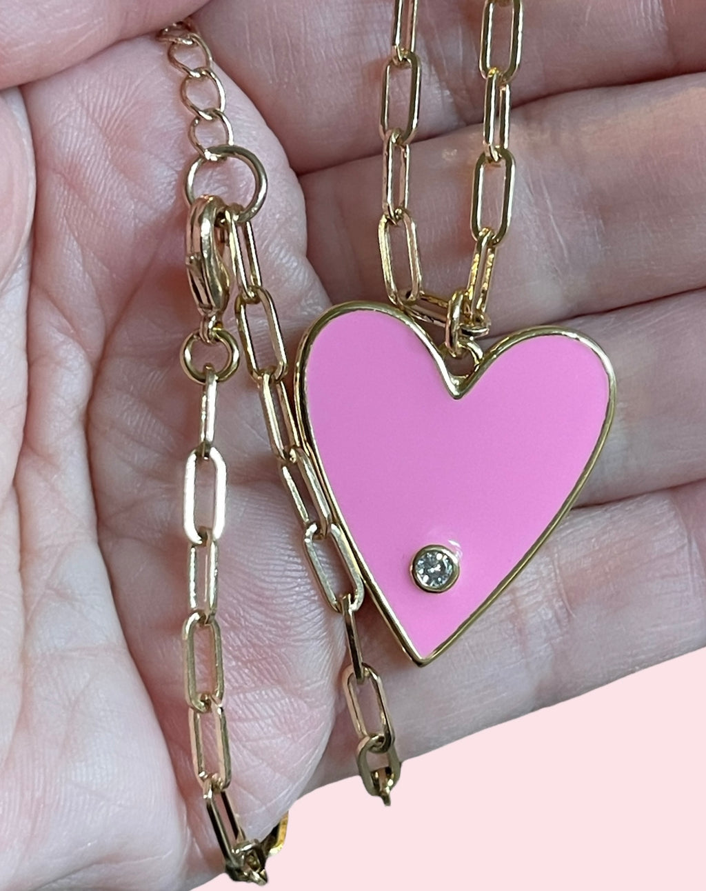 Pretty Paperclip Necklace: Gold Paperclip chain with gorgeous enameled heart pendant OOAK