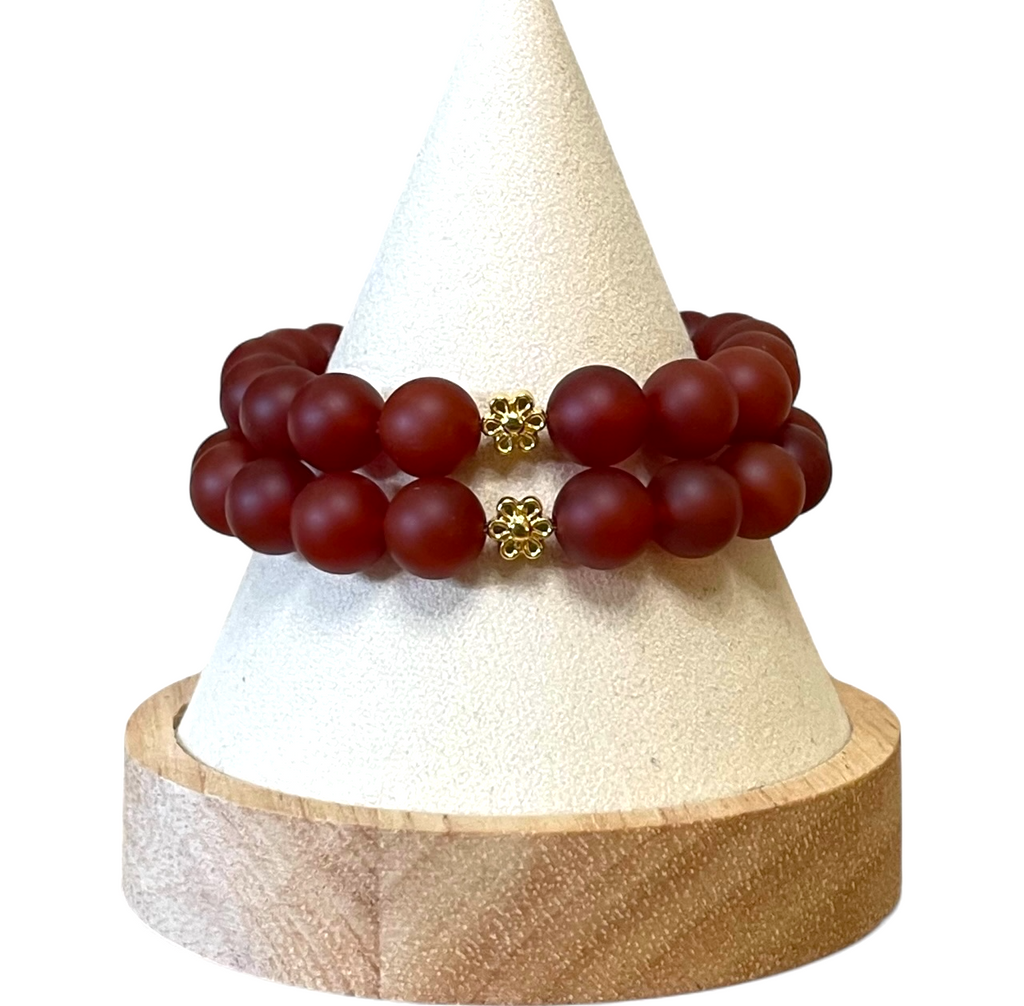 Matte Carnelian Stretch Bracelet Set: 2 bracelets with antiqued gold accents