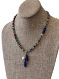 Catch O’ the Day Necklace: Mixed Multi Gemstones w Lapis & gold accents Lapis fish & Pearl Charms OOAK
