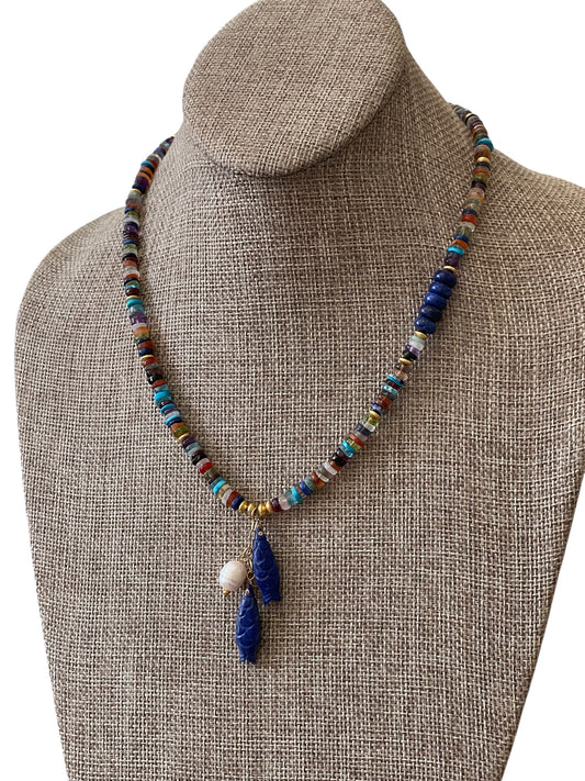 Catch O’ the Day Necklace: Mixed Multi Gemstones w Lapis & gold accents Lapis fish & Pearl Charms OOAK