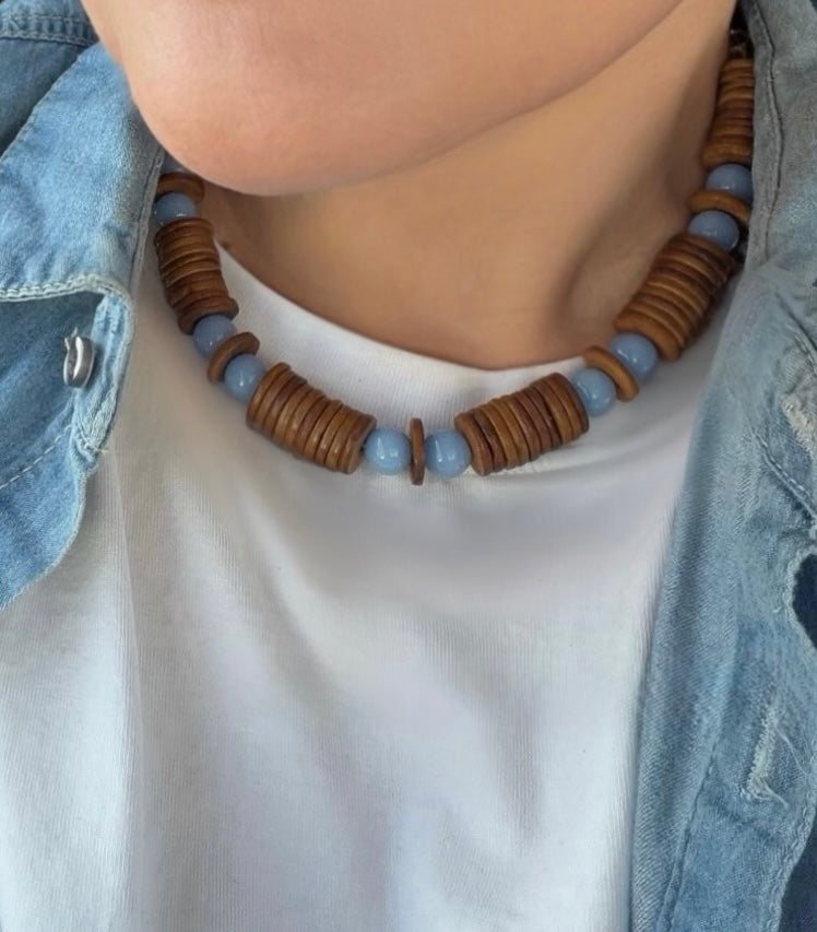 Bone & Blue Necklace: Handmade Bone Beads (Nepal) and Mexican Blue Argonite (Rare)