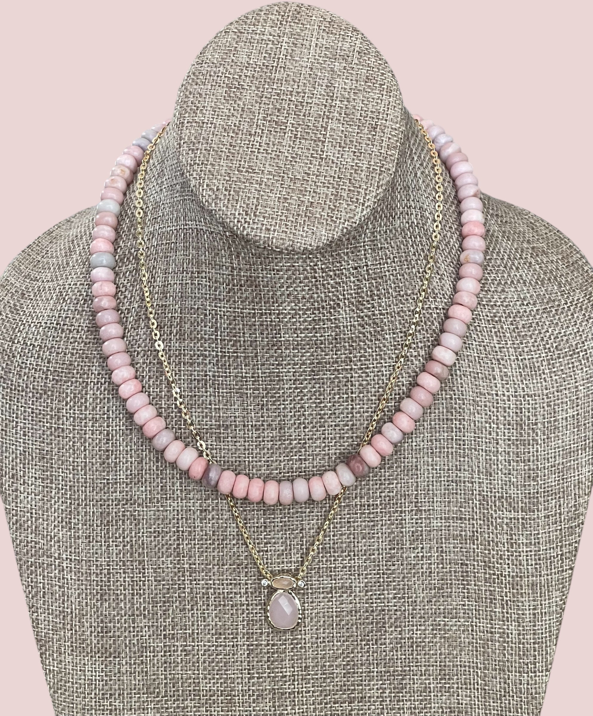 The Chic Pink Set: Matte pink opals with a gold charm holder clasp & a gold filled chain w a pink crystal and CZ charm OOAK