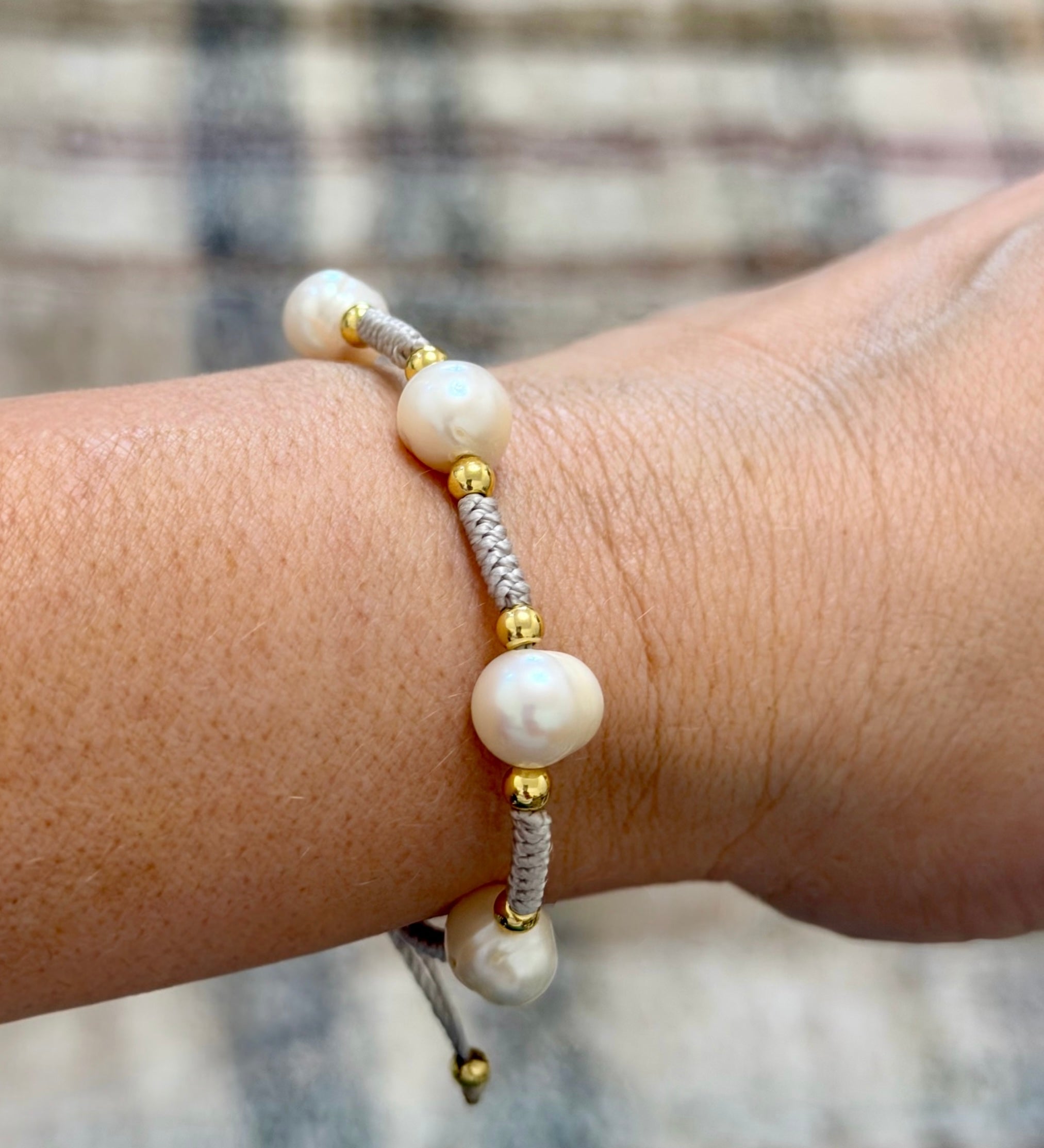 Quiet Luxury Bracelet: Freshwater Pearls, gold accents, hand woven and adjustable length