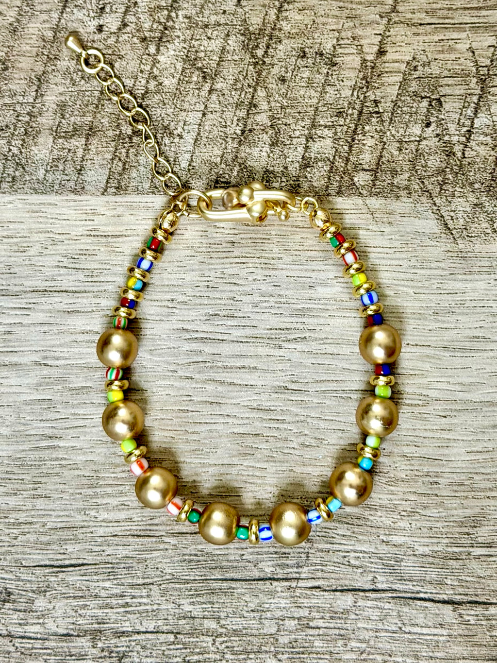 The Good Mood Bracelet: OOAK Brushed Gold beads w/multicolor glass mini beads