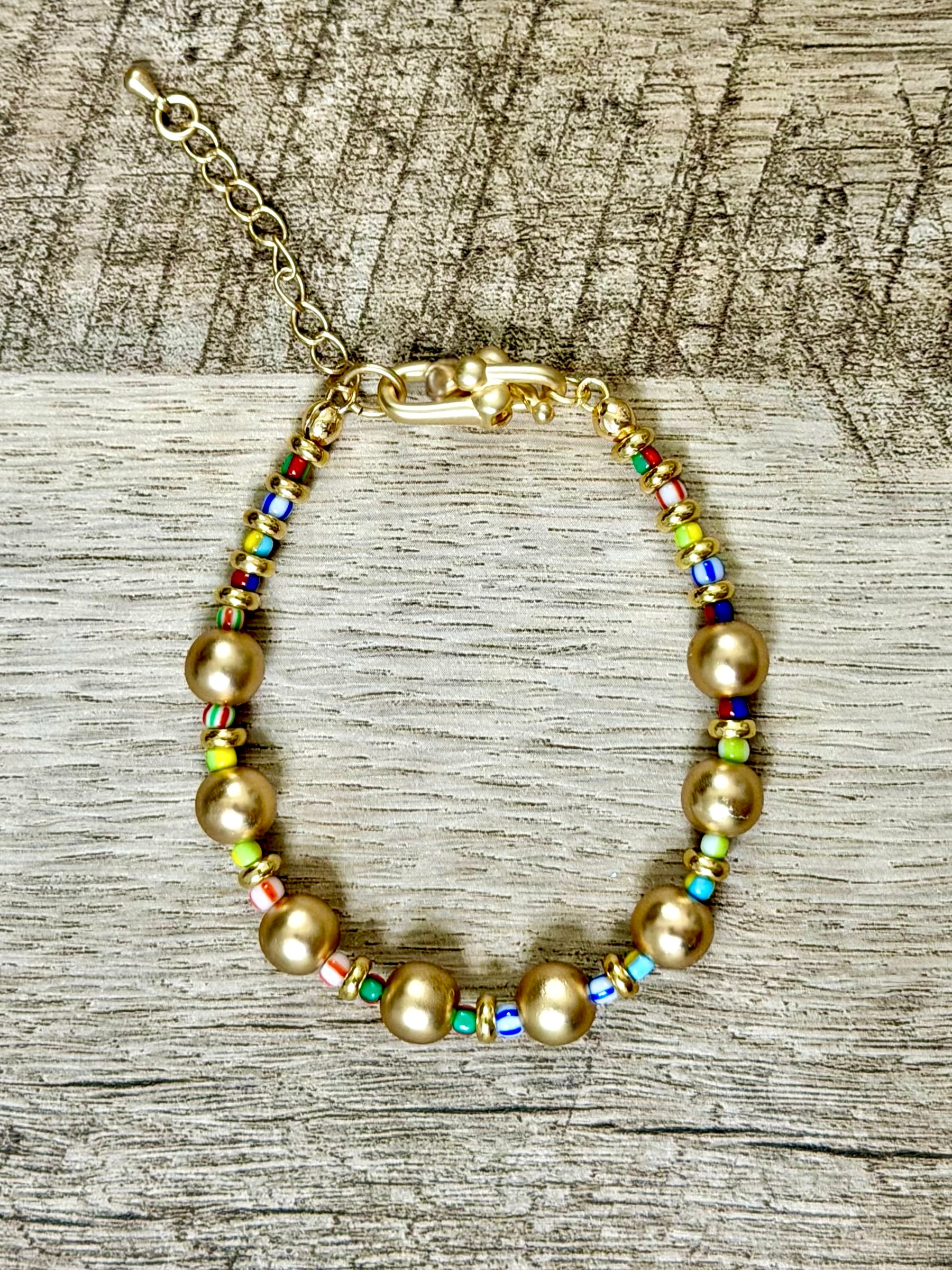 The Good Mood Bracelet: OOAK Brushed Gold beads w/multicolor glass mini beads