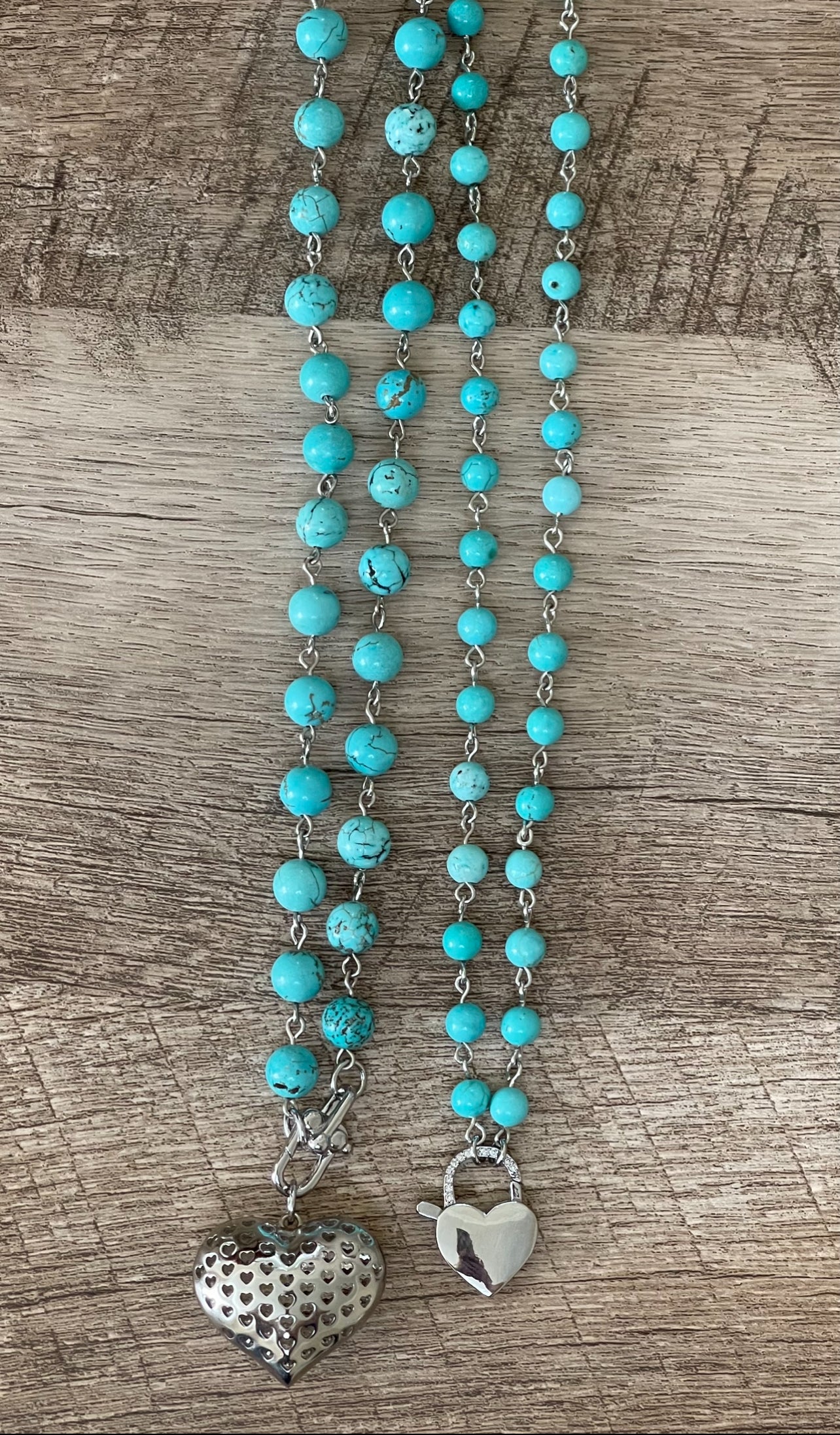 Turquoise Heartbeat Necklace: Bead-n-Link chain with Silver Trigger clasp and Heart pendant 8mm beads