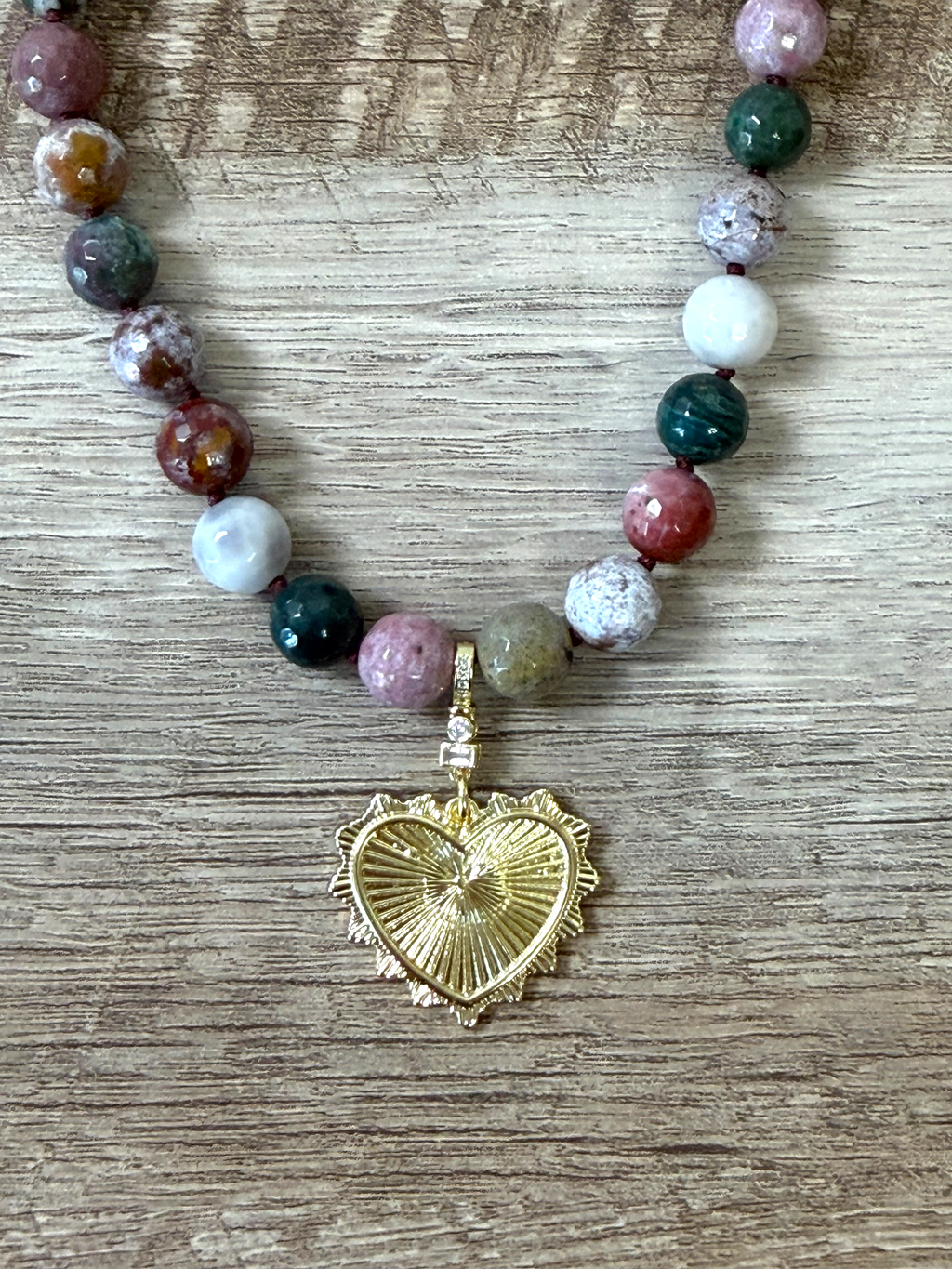 Heart & Soul Necklace: Faceted Ocean Jasper handknotted on deep burgundy. Removable gold heart