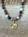 Heart & Soul Necklace: Faceted Ocean Jasper handknotted on deep burgundy. Removable gold heart