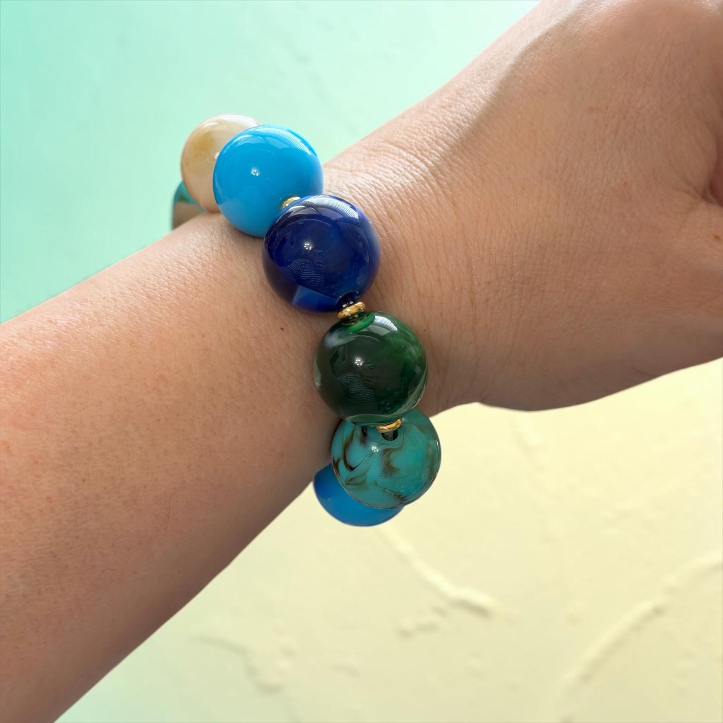 The Gathered Blues Bracelet: Stretch bracelet resin beads OOAK