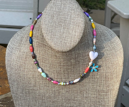 Kindred Colors Necklace: Unique beads handmade in Uganda from recycled paper, glass & acrylic accent beads and a brass flower charm