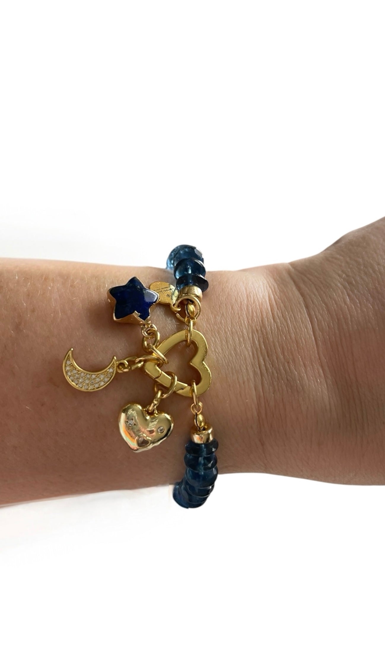 London Blue Bracelet: Hand knotted London Blue Topaz faceted gemstone beads Gold heart clasp with Lapis Lazuli star, Pavé moon and CZ accent heart charms OOAK