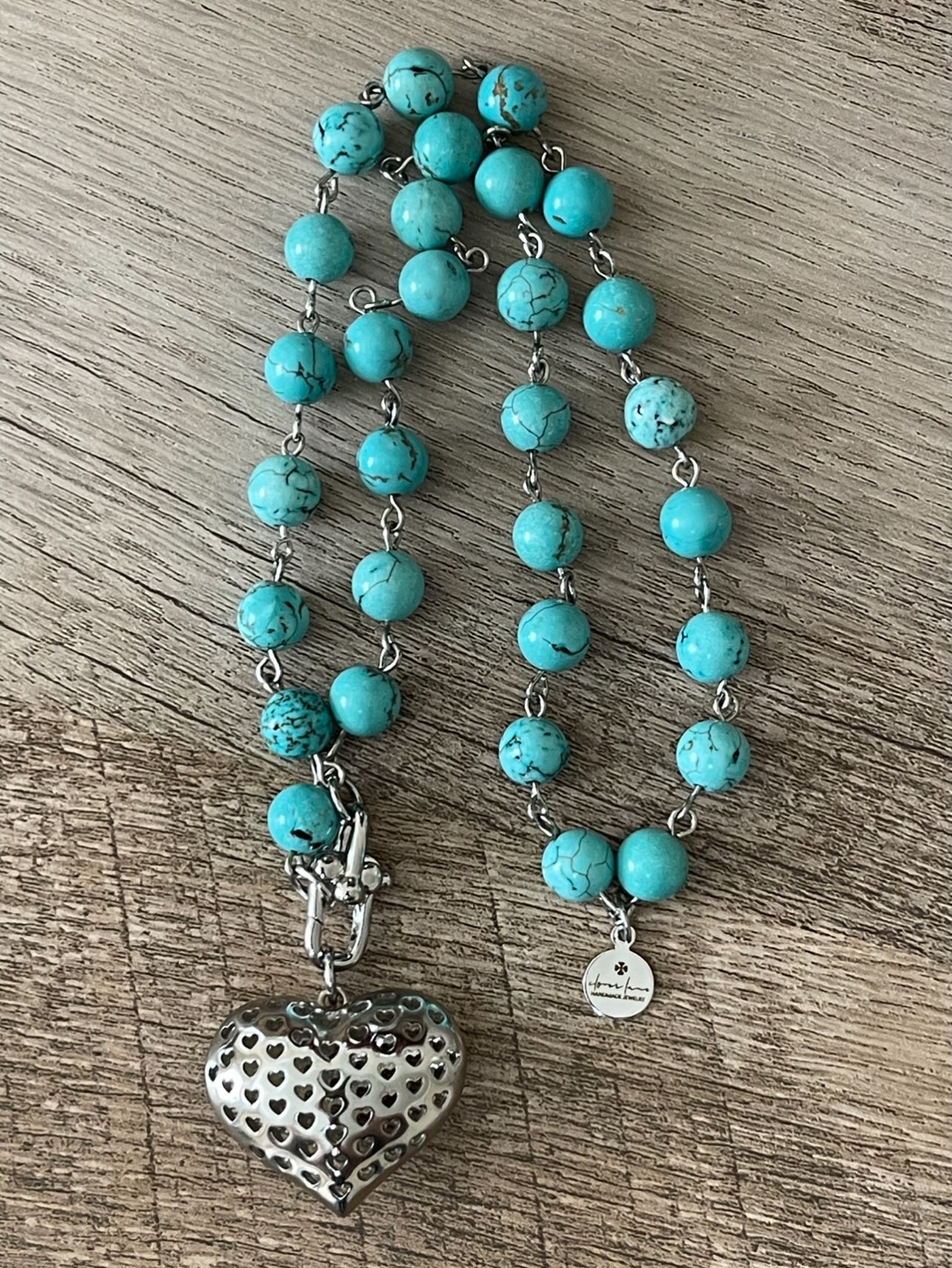 Turquoise Heartbeat Necklace: Bead-n-Link chain with Silver Trigger clasp and Heart pendant 8mm beads