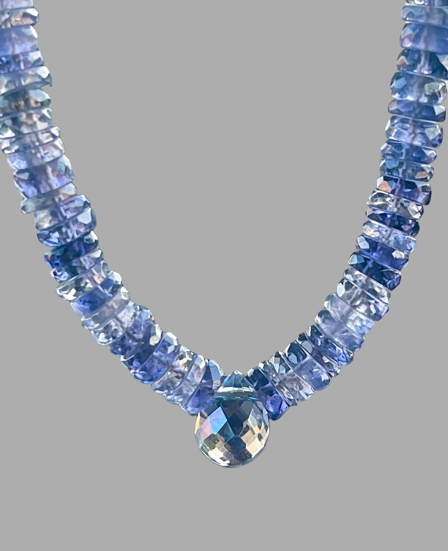 OOAK- Iolite Up The Sky Necklace: Heishi Cut Natural Iolite Faceted Beads with a Crystal Teardrop Centerpiece Wire Strung with Gold Hook Clasp