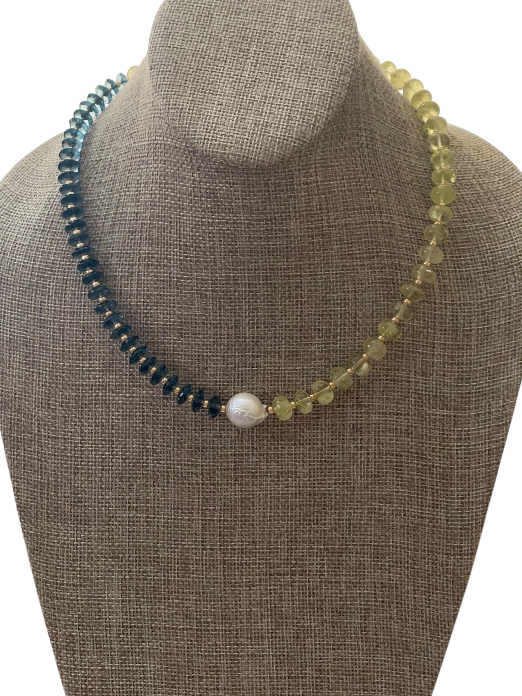 Lemon London Necklace: Lemon Quartz and London Blue Topaz Gemstone Beads Gold Accents Baroque Pearl Center OOAK