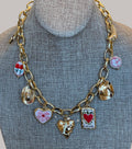 The Rachel Necklace: OOAK Thick gold chain w various fun gold plated charms in a pink and red theme